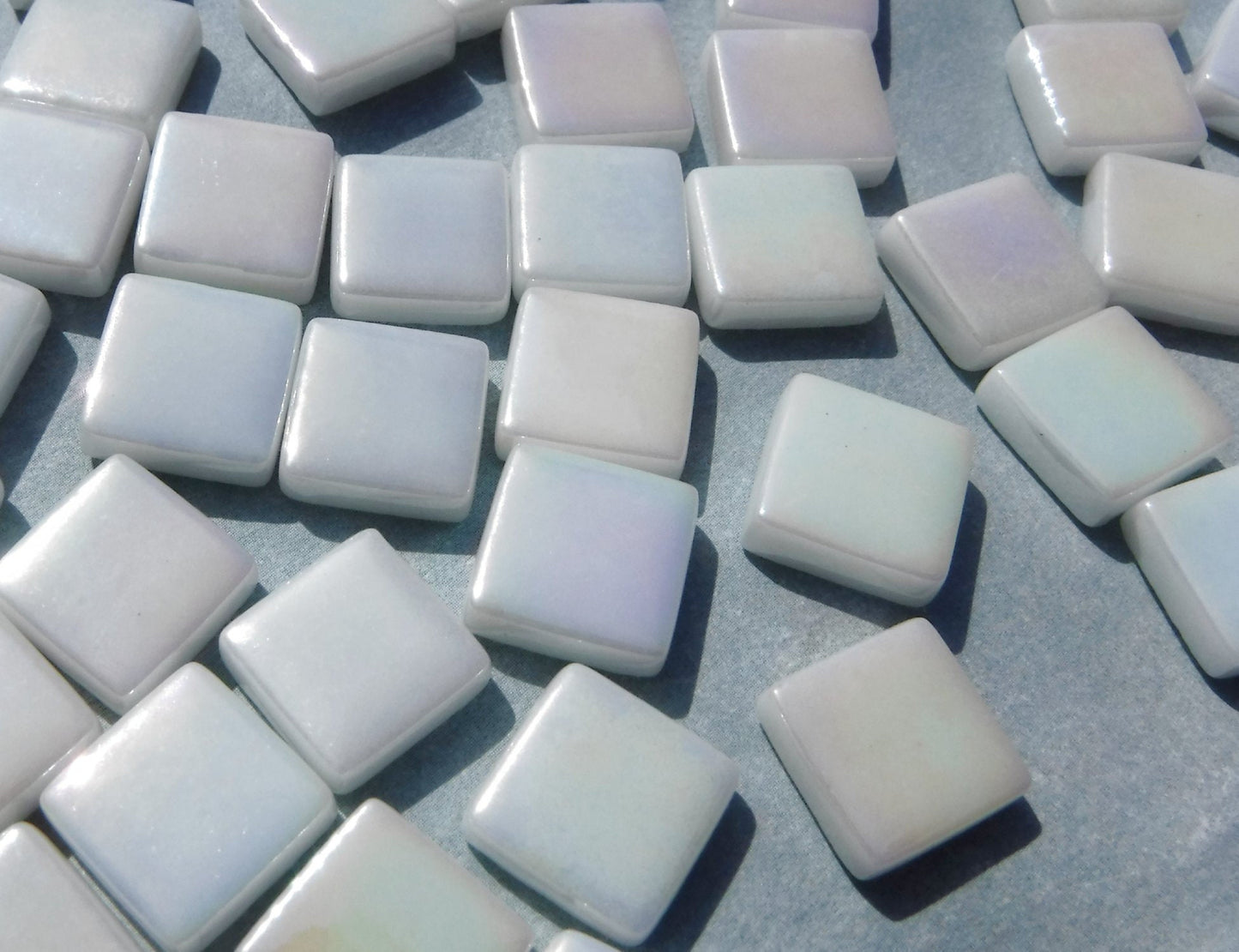 White Iridescent Glass Square Mosaic Tiles - 12mm - Opal Opaque Glass Solid Color - 50g - Approx 35 Tiles