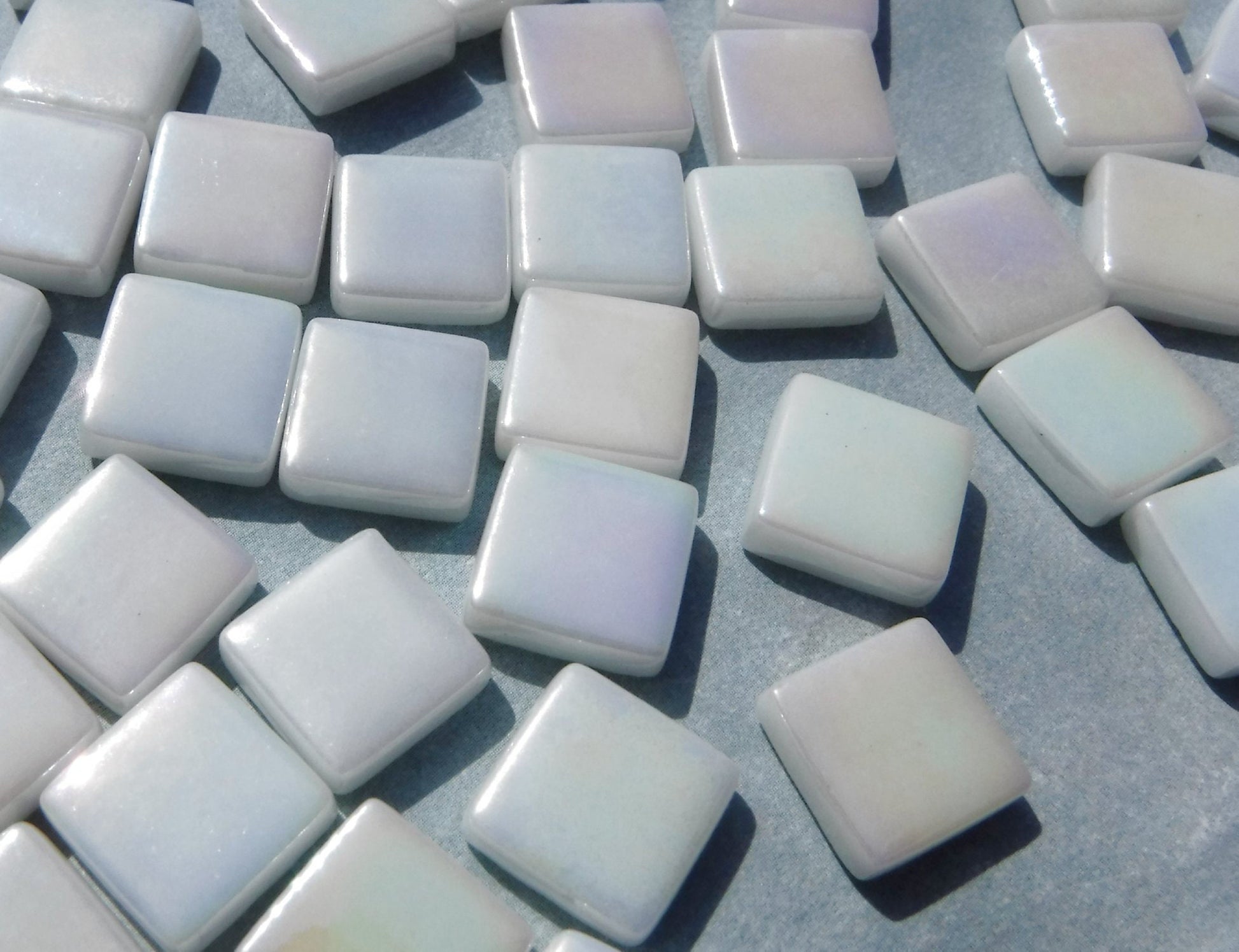 White Iridescent Glass Square Mosaic Tiles - 12mm - Opal Opaque Glass Solid Color - 50g - Approx 35 Tiles