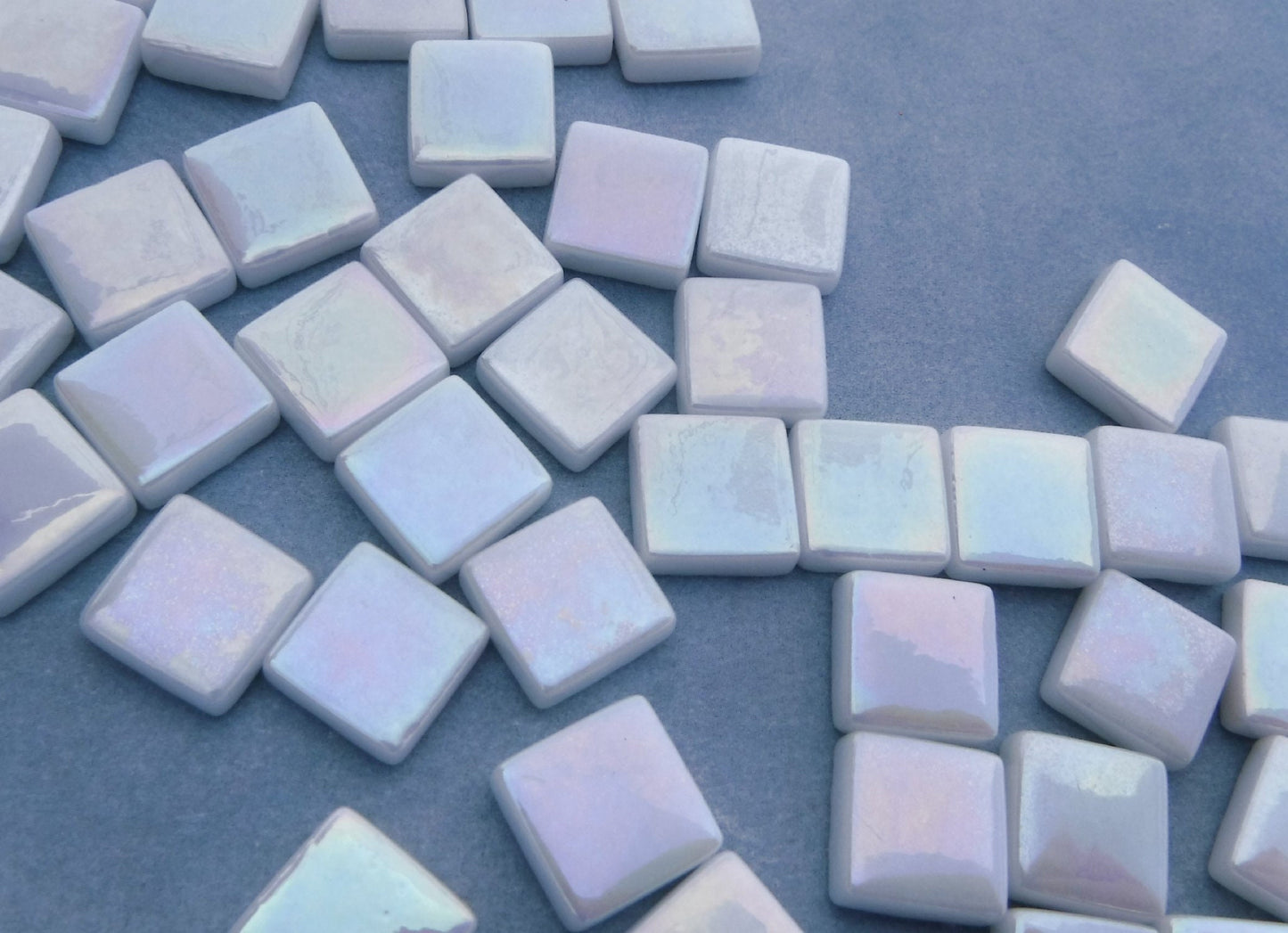 White Iridescent Glass Square Mosaic Tiles - 12mm - Opal Opaque Glass Solid Color - 50g - Approx 35 Tiles