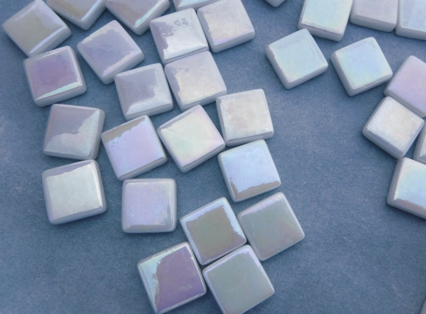 White Iridescent Glass Square Mosaic Tiles - 12mm - Opal Opaque Glass Solid Color - 50g - Approx 35 Tiles