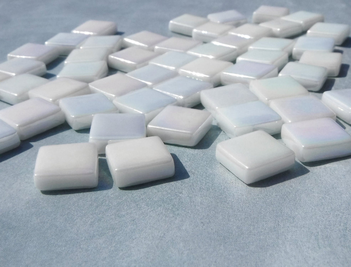 White Iridescent Glass Square Mosaic Tiles - 12mm - Opal Opaque Glass Solid Color - 50g - Approx 35 Tiles