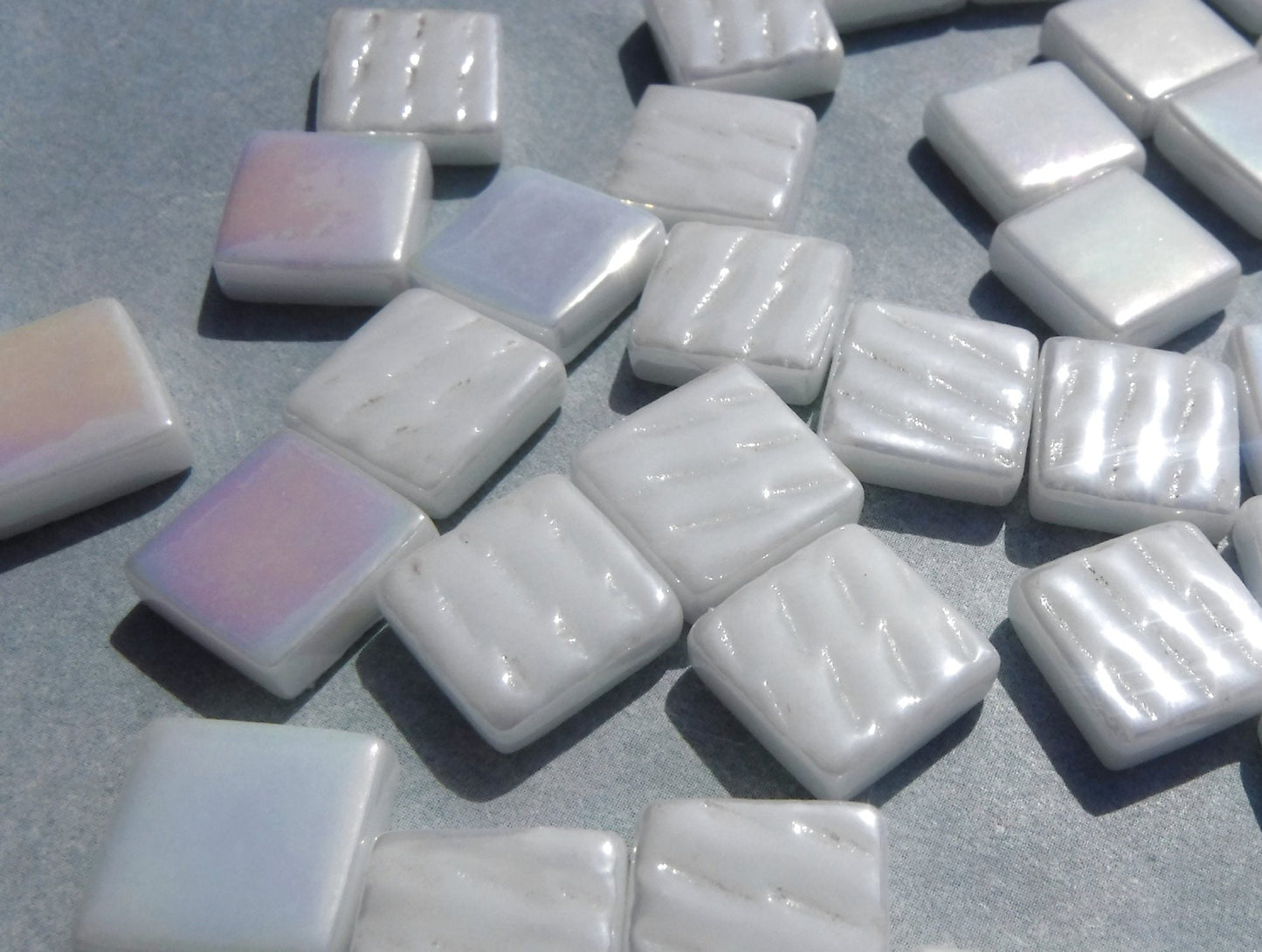 White Iridescent Glass Square Mosaic Tiles - 12mm - Opal Opaque Glass Solid Color - 50g - Approx 35 Tiles