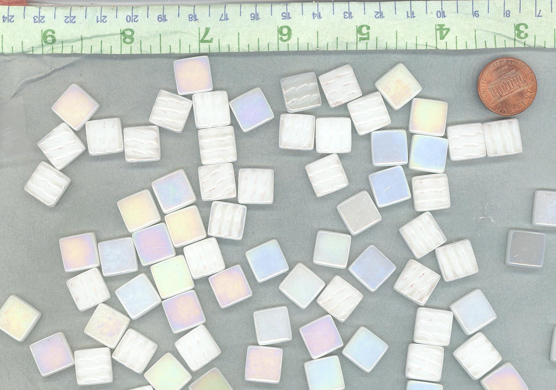 White Iridescent Glass Square Mosaic Tiles - 12mm - Opal Opaque Glass Solid Color - 50g - Approx 35 Tiles