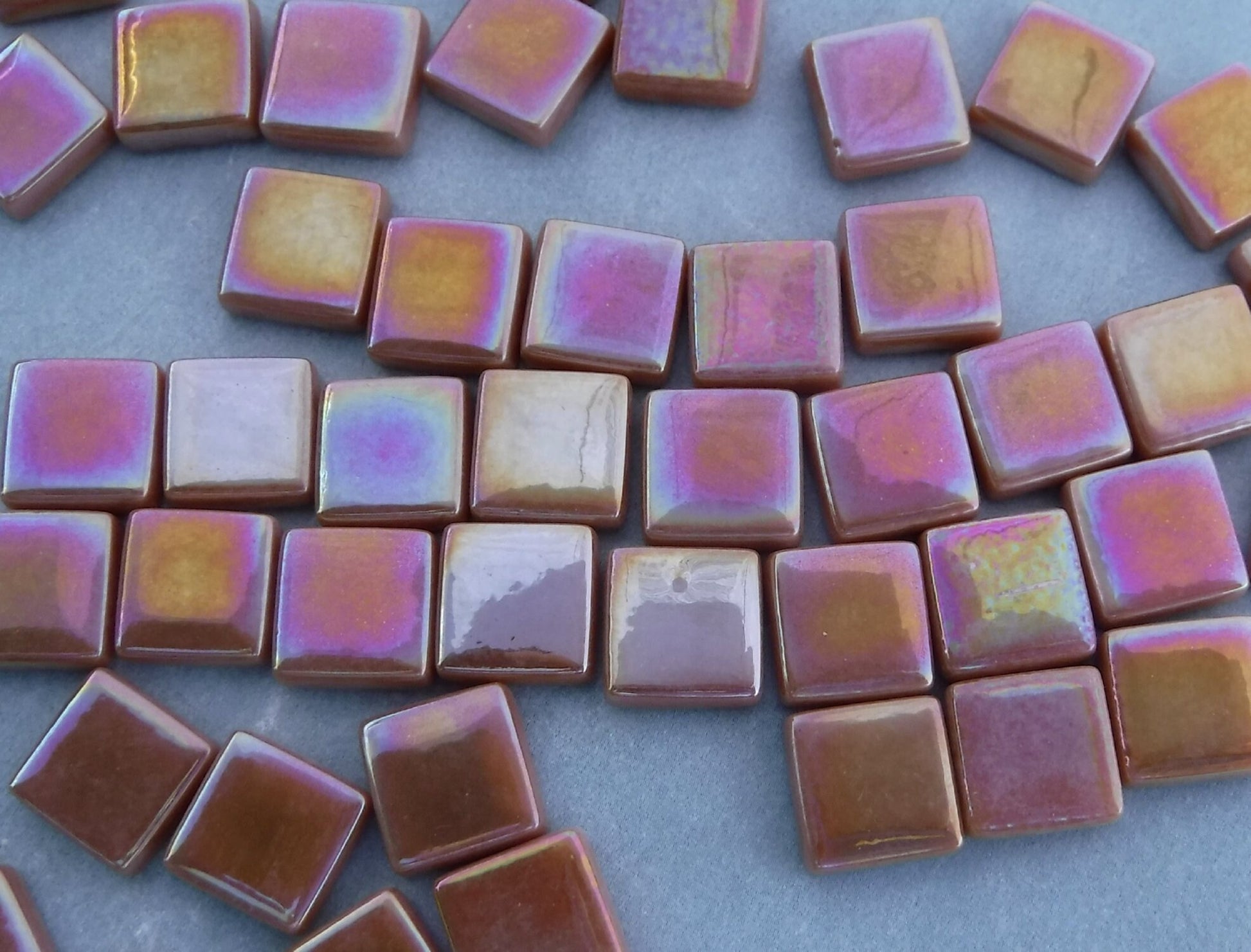 Brown Sugar Iridescent Glass Square Mosaic Tiles - 12mm - Opaque Glass Solid Color - 50g of Squares - Approx 35 Tiles