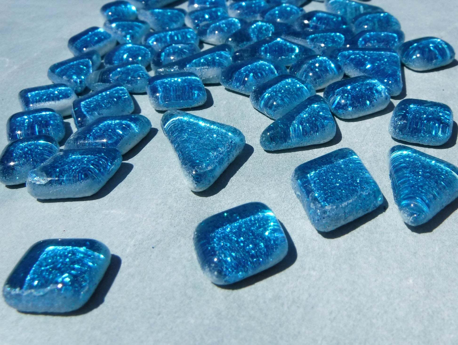 Sky Blue Glitter Puzzle Tiles - 100 grams in Assorted Shapes Glass Mosaic Tiles