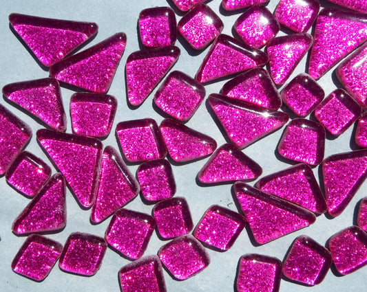 Dark Pink Glitter Puzzle Tiles - 100 grams in Assorted Shapes Glass Mosaic Tiles in Fuchsia