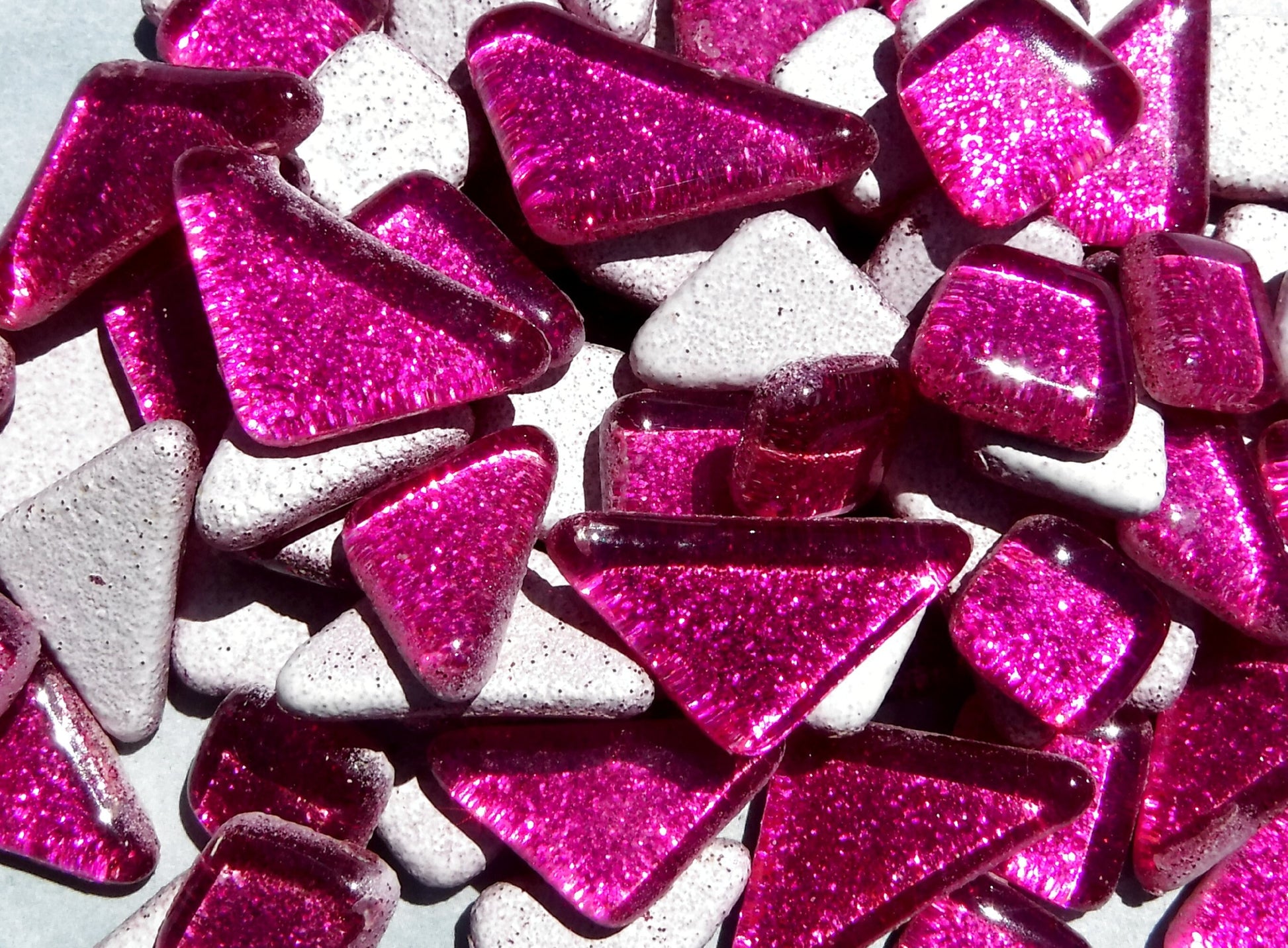 Dark Pink Glitter Puzzle Tiles - 100 grams in Assorted Shapes Glass Mosaic Tiles in Fuchsia