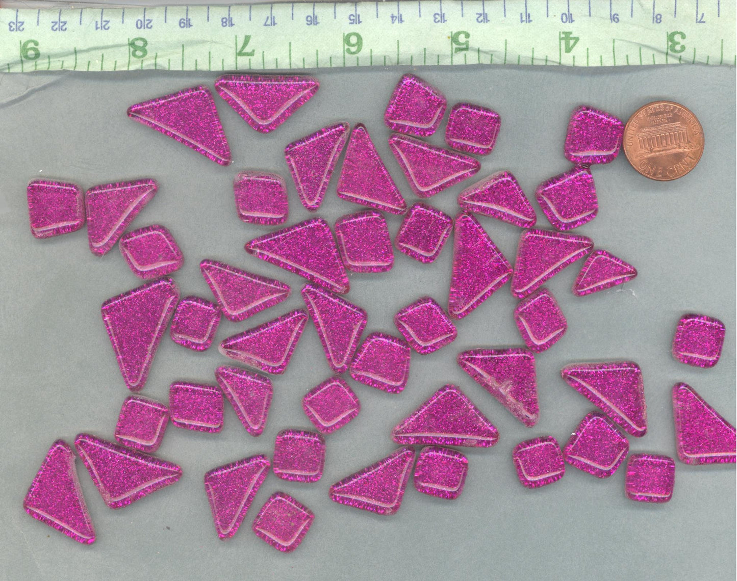 Dark Pink Glitter Puzzle Tiles - 100 grams in Assorted Shapes Glass Mosaic Tiles in Fuchsia