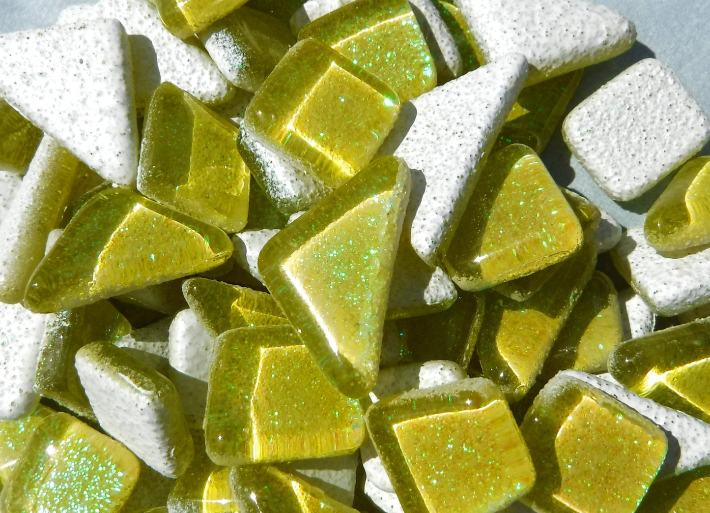 Yellow Glitter Puzzle Tiles - 100 grams in Assorted Shapes Glass Mosaic Tiles - Approx 45 Tiles