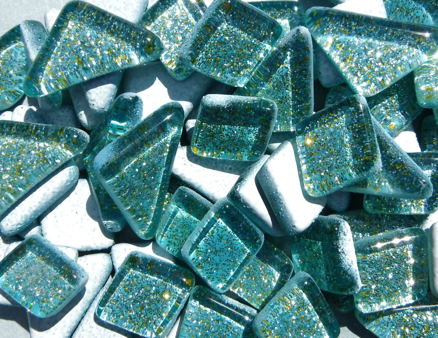 Jungle Green Glitter Puzzle Tiles - 100 grams in Assorted Shapes Glass Mosaic Tiles