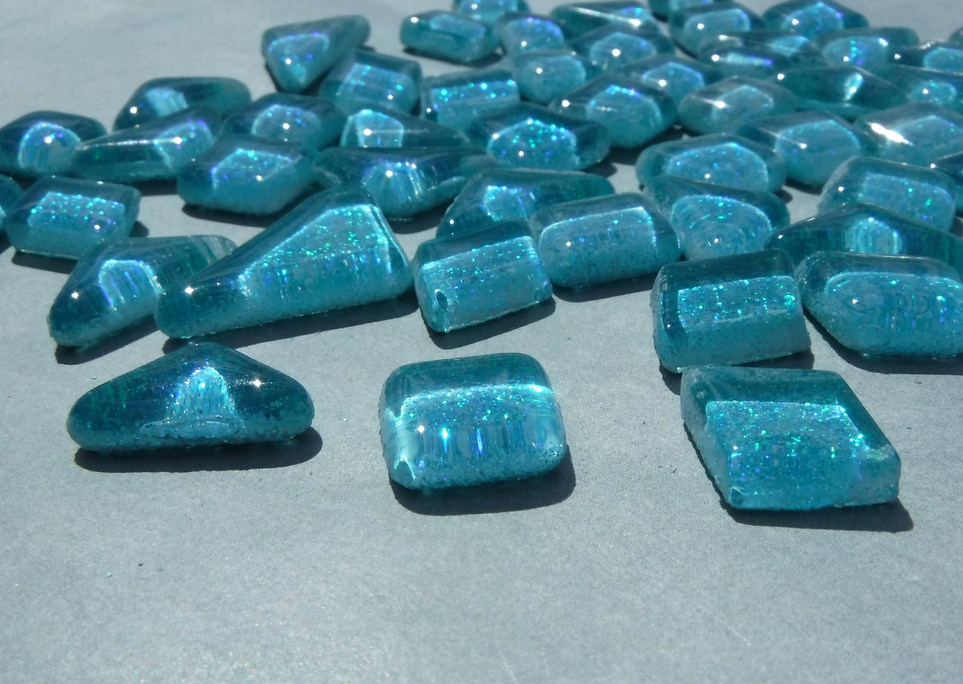 Poolside Blue Glitter Puzzle Tiles - 100 grams in Assorted Shapes Glass Mosaic Tiles