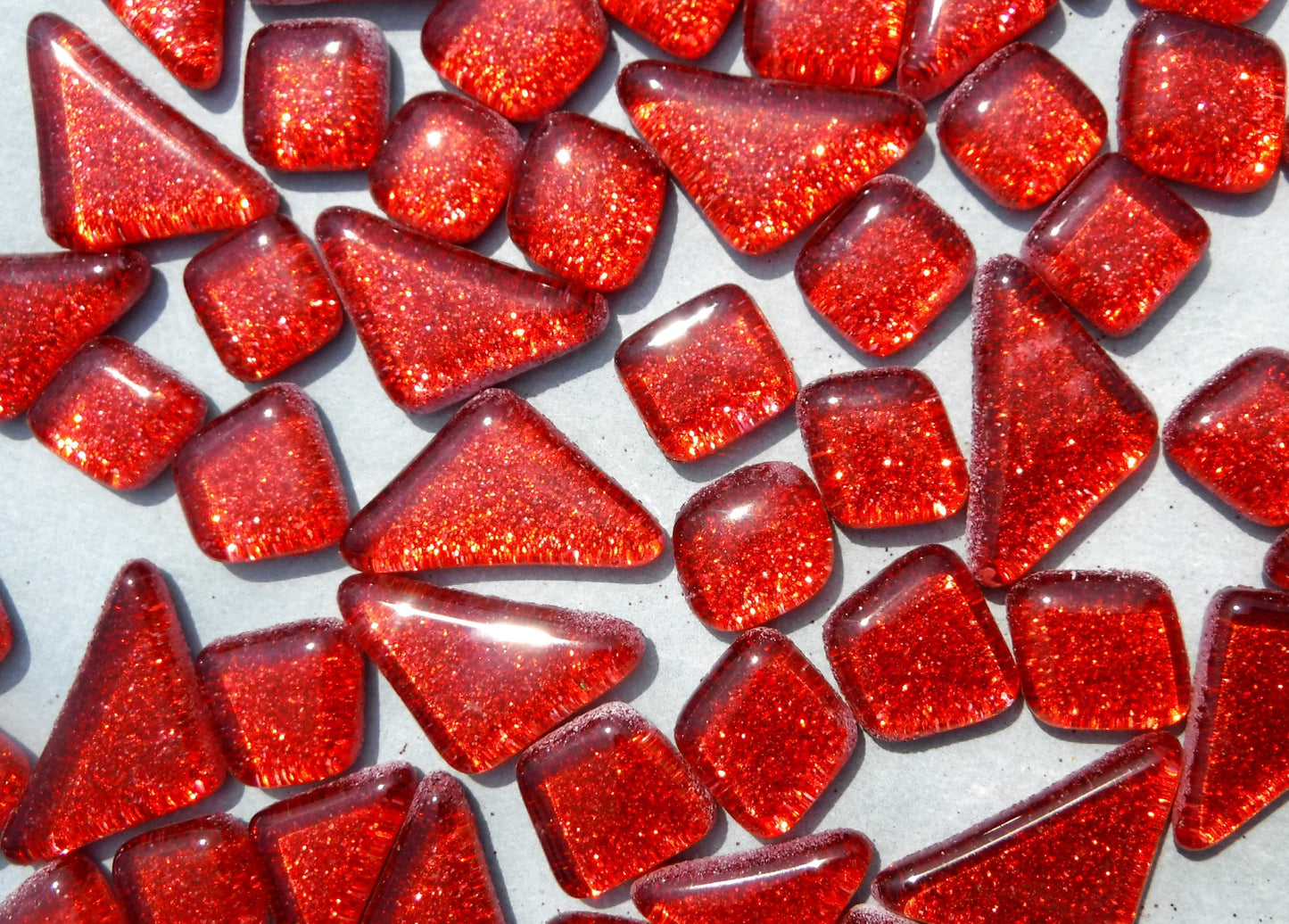 Red Glitter Puzzle Tiles - 100 grams in Assorted Shapes Glass Mosaic Tiles