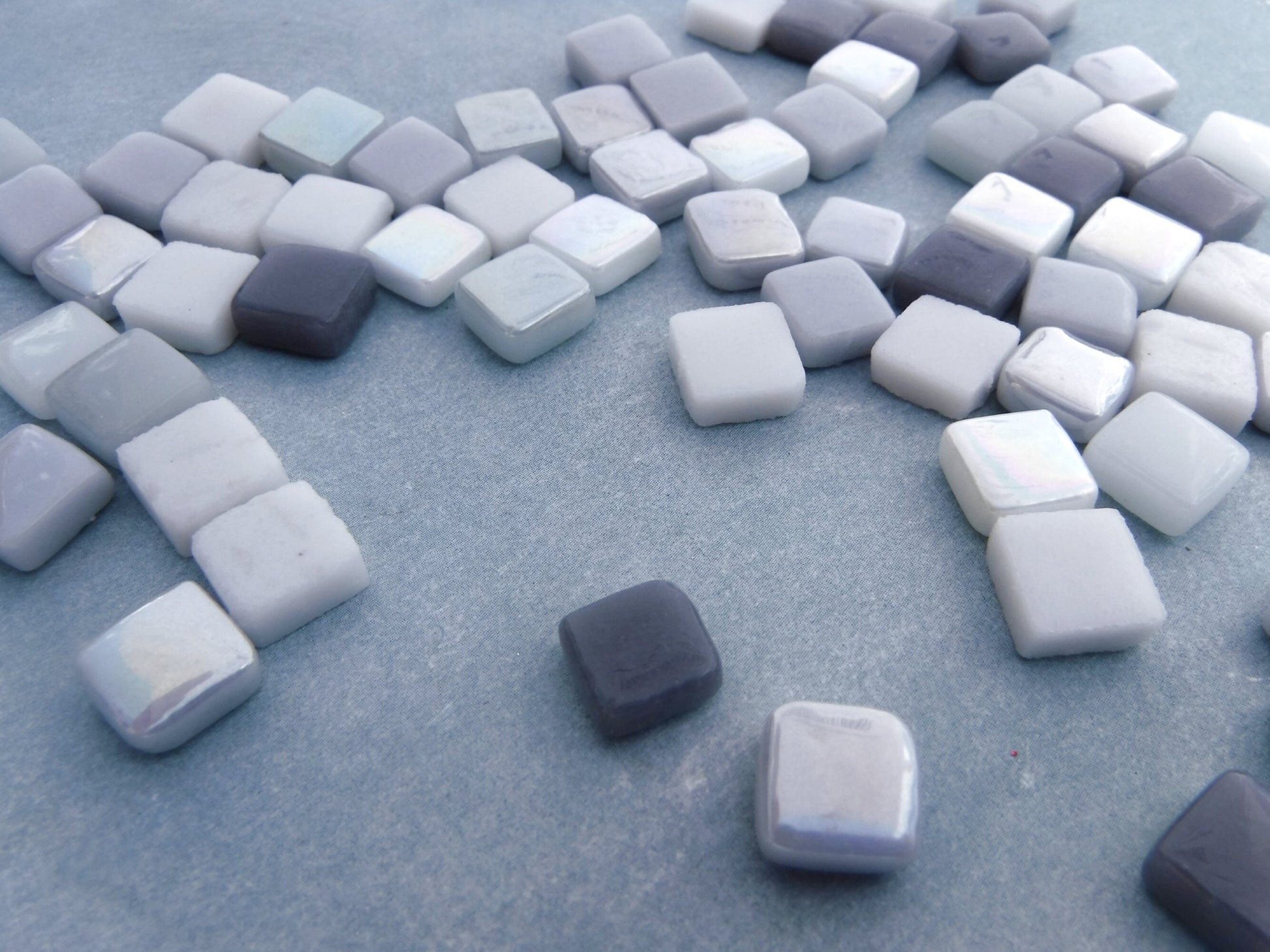 Gray Skies Mix Mini Glass Tiles - 8mm Square - 50 grams Opaque Glass Solid Color Mix of Iridescent and Matte Tiles