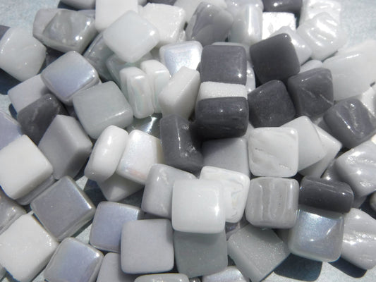 Gray Skies Mix Mini Glass Tiles - 8mm Square - 50 grams Opaque Glass Solid Color Mix of Iridescent and Matte Tiles