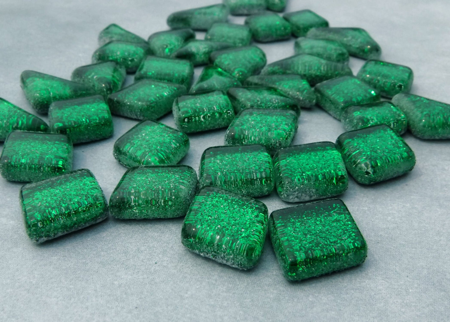 Green Glitter Puzzle Tiles - 100 grams in Assorted Shapes Glass Mosaic Tiles in Deep Forest Green