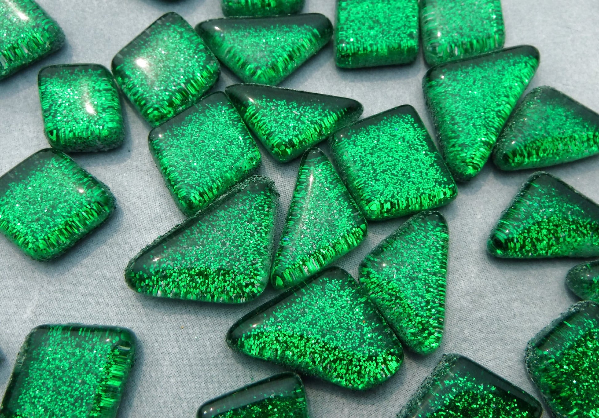 Green Glitter Puzzle Tiles - 100 grams in Assorted Shapes Glass Mosaic Tiles in Deep Forest Green