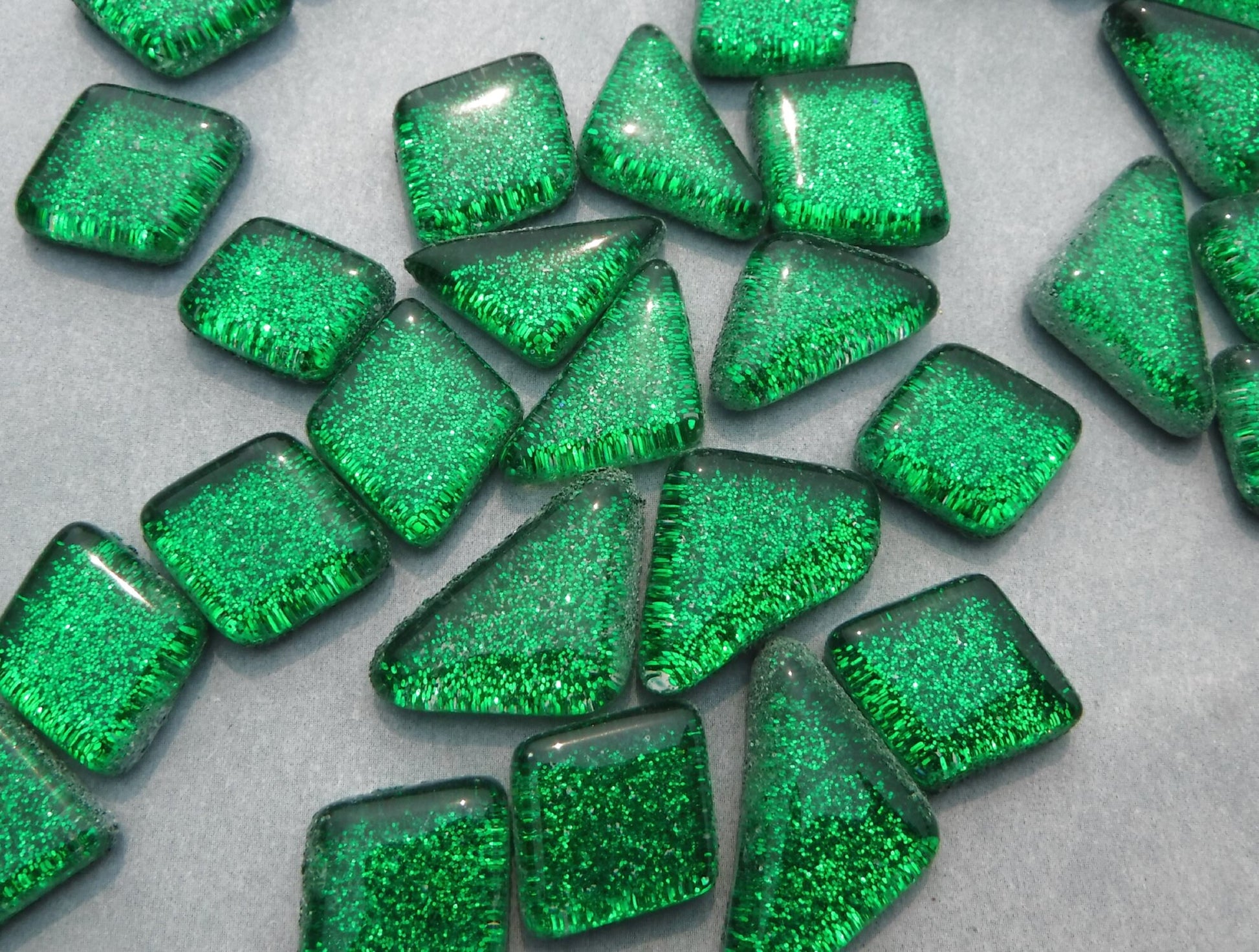 Green Glitter Puzzle Tiles - 100 grams in Assorted Shapes Glass Mosaic Tiles in Deep Forest Green