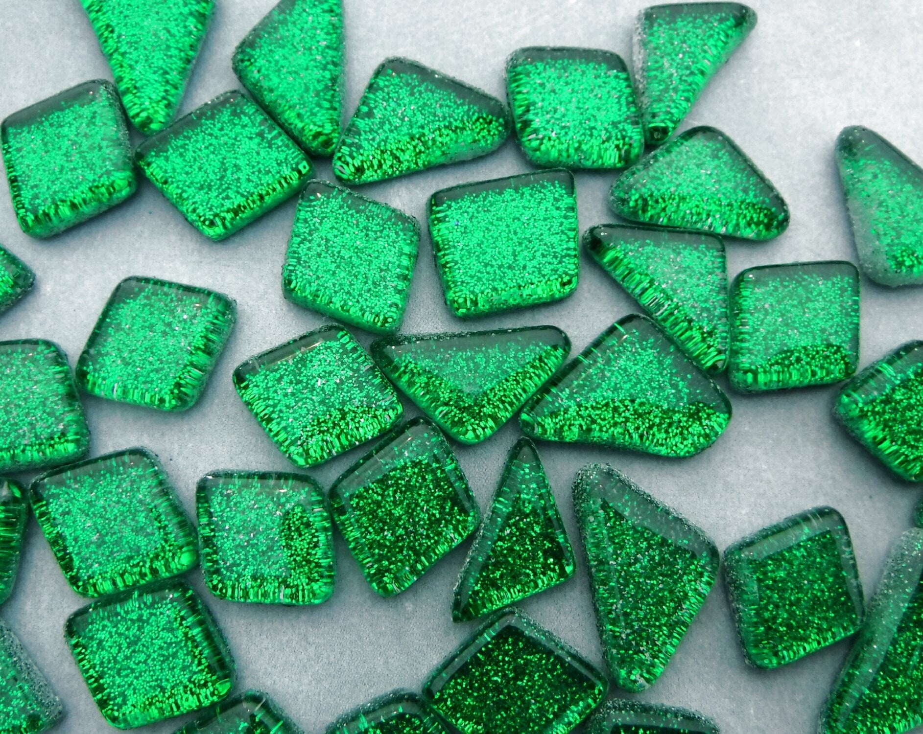 Green Glitter Puzzle Tiles - 100 grams in Assorted Shapes Glass Mosaic Tiles in Deep Forest Green