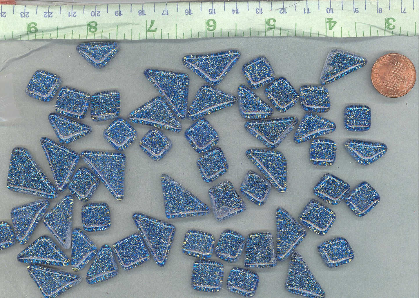 Blue and Gold Glitter Puzzle Tiles - 100 grams in Assorted Shapes Glass Mosaic Tiles