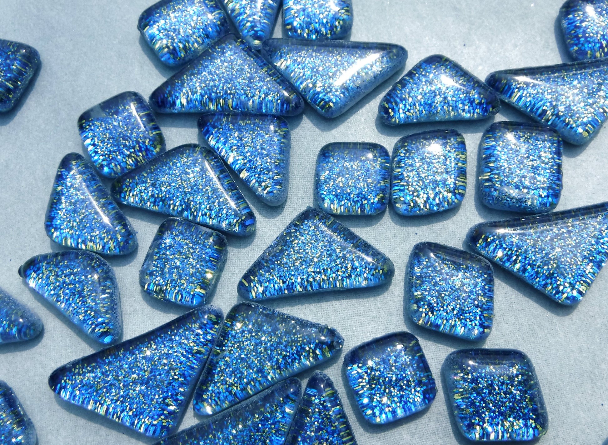 Blue and Gold Glitter Puzzle Tiles - 100 grams in Assorted Shapes Glass Mosaic Tiles