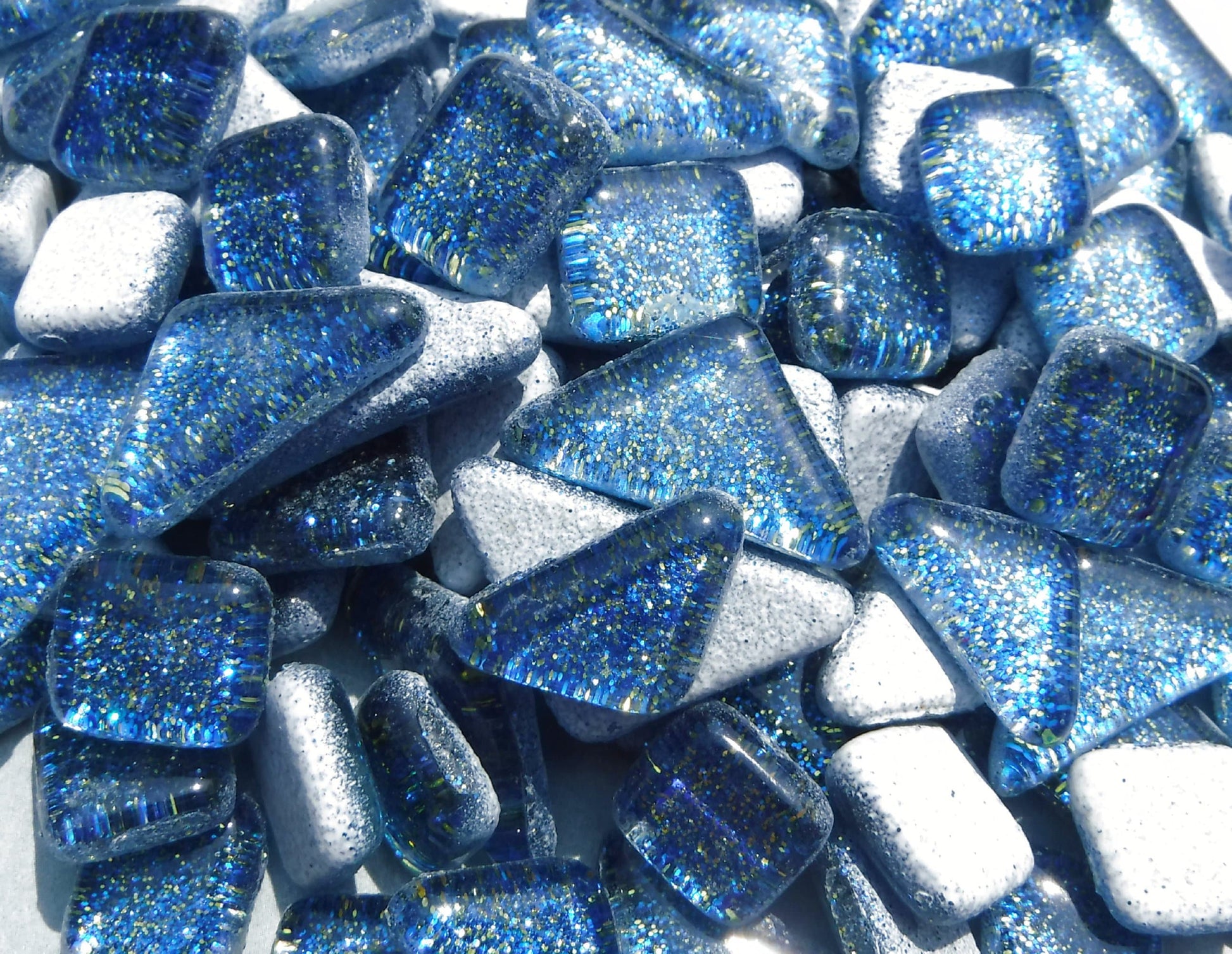 Blue and Gold Glitter Puzzle Tiles - 100 grams in Assorted Shapes Glass Mosaic Tiles