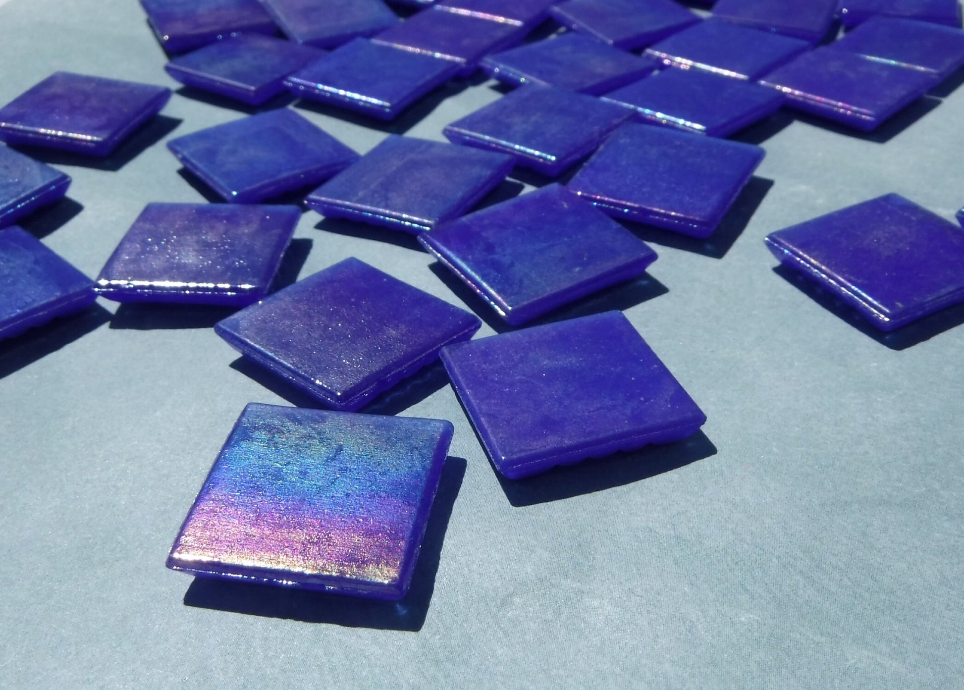 Blue Iridescent Venetian Glass Tiles - 20mm - 100 grams - Over 30 Tiles