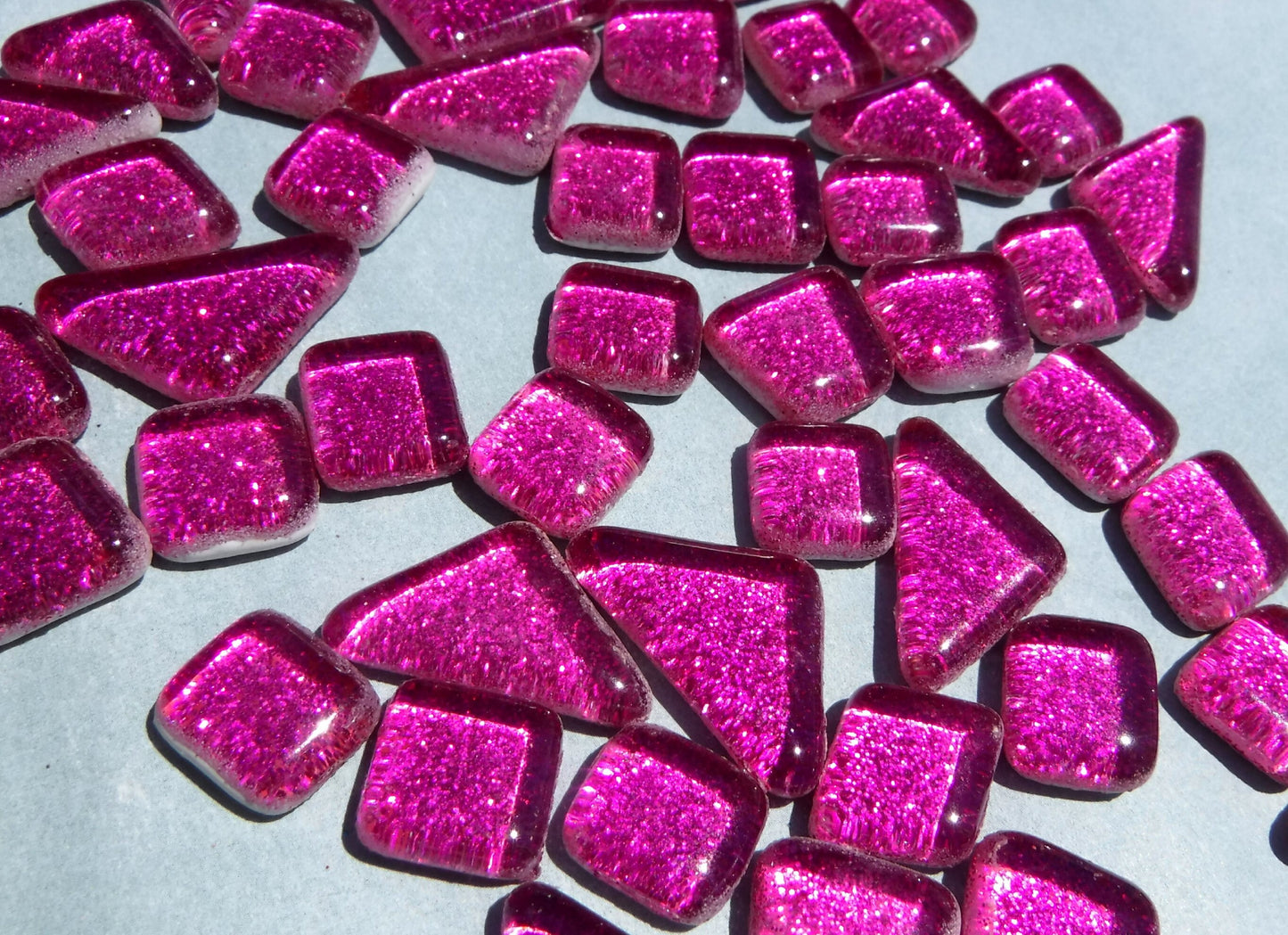 Dark Pink Glitter Puzzle Tiles - 100 grams in Assorted Shapes Glass Mosaic Tiles in Fuchsia