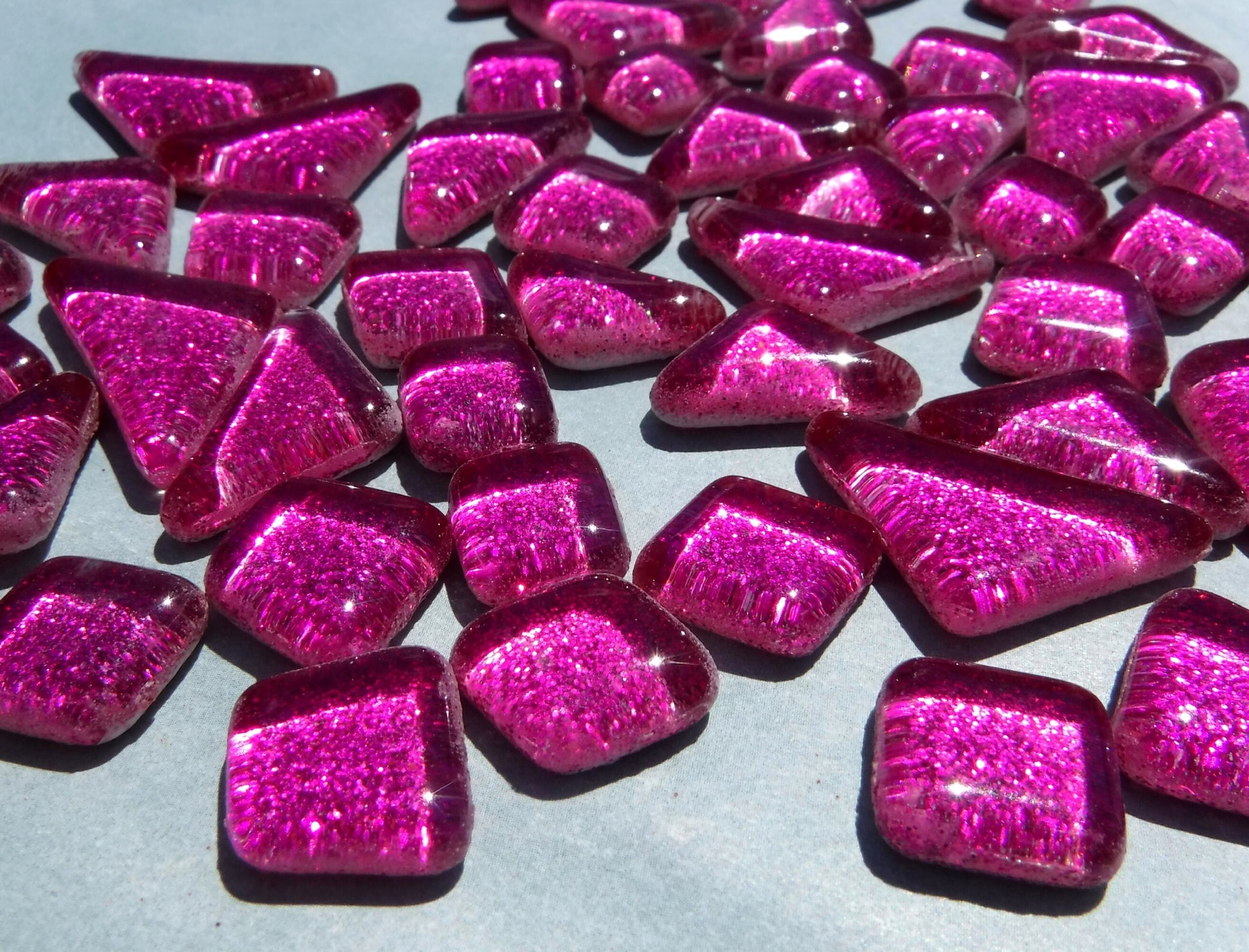 Dark Pink Glitter Puzzle Tiles - 100 grams in Assorted Shapes Glass Mosaic Tiles in Fuchsia