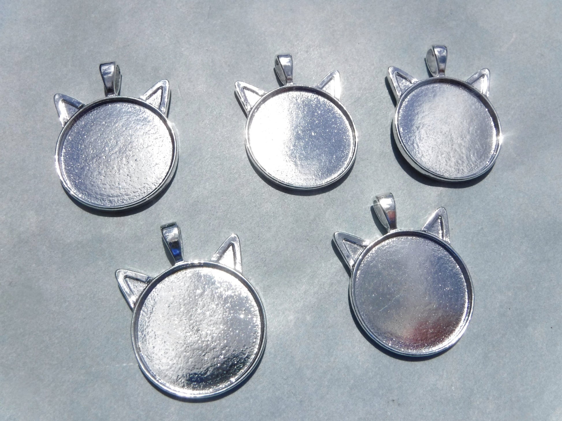 Silver Cat Head Pendant Cabochon Base - 1 inch - Kitty Ears Pendant Tray - Blanks