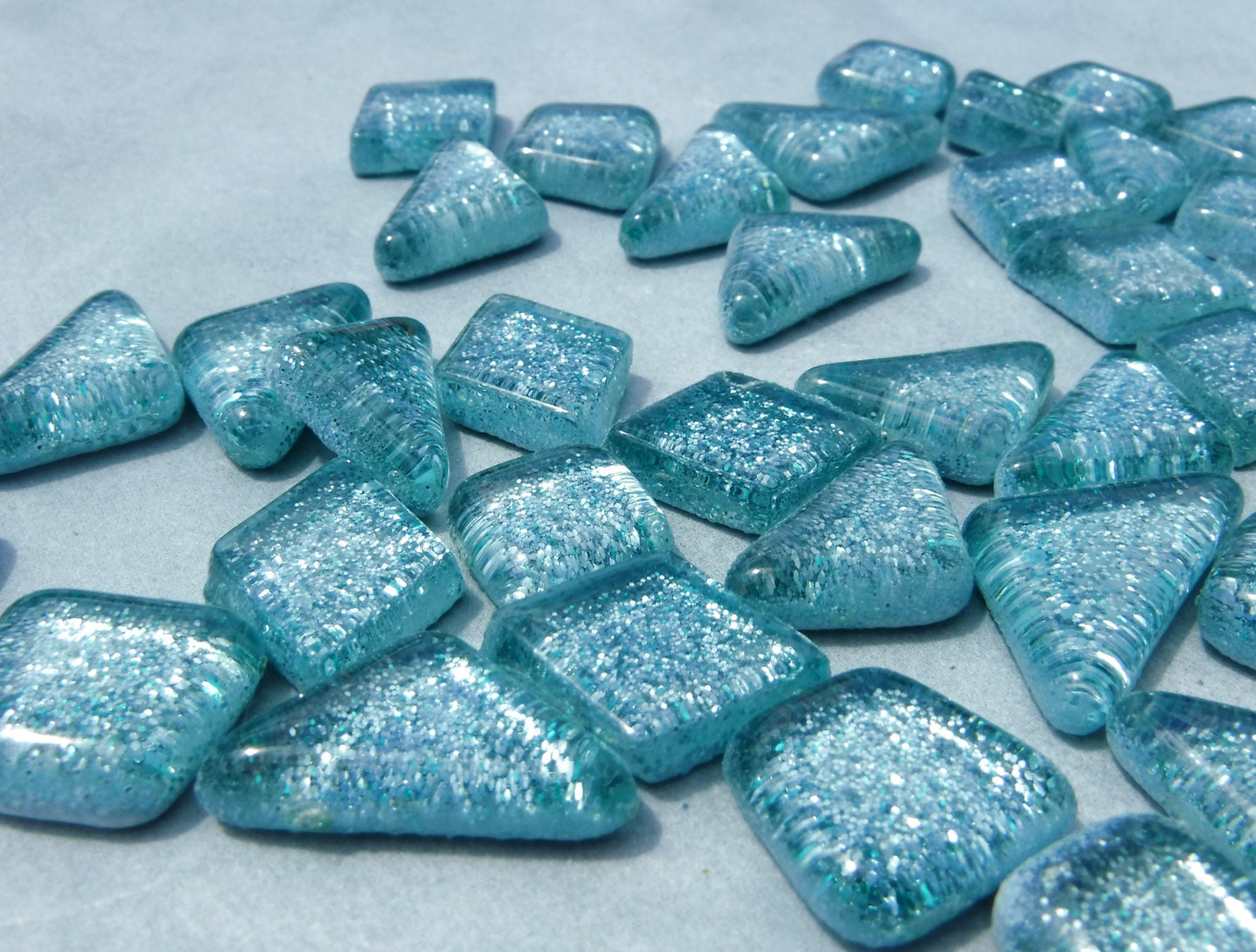 Raindrop Blue Glitter Puzzle Tiles - 100 grams in Assorted Shapes Glass Mosaic Tiles
