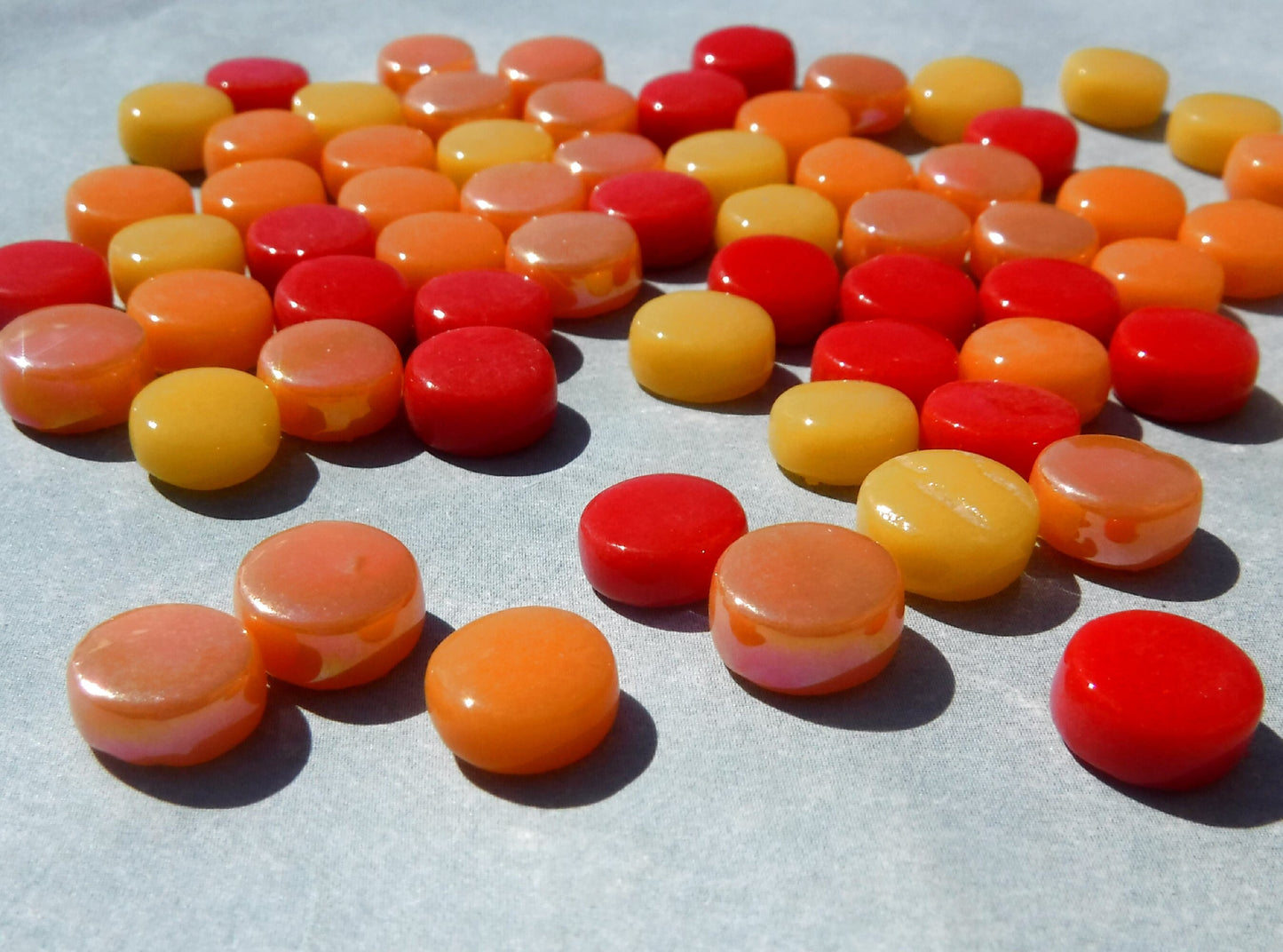 Fiesta Mix MINI Glass Drops Mosaic Tiles - 50 grams - Glass Gems Darling Dotz in Orange Red Yellow - Over 100 Tiles