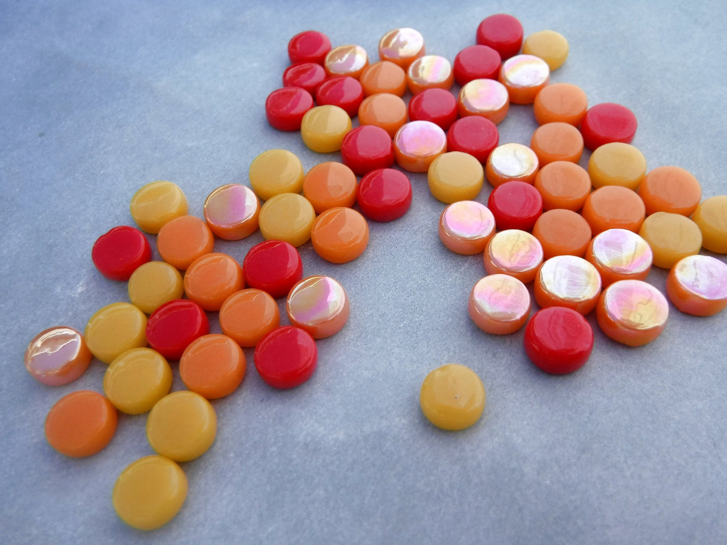 Fiesta Mix MINI Glass Drops Mosaic Tiles - 50 grams - Glass Gems Darling Dotz in Orange Red Yellow - Over 100 Tiles