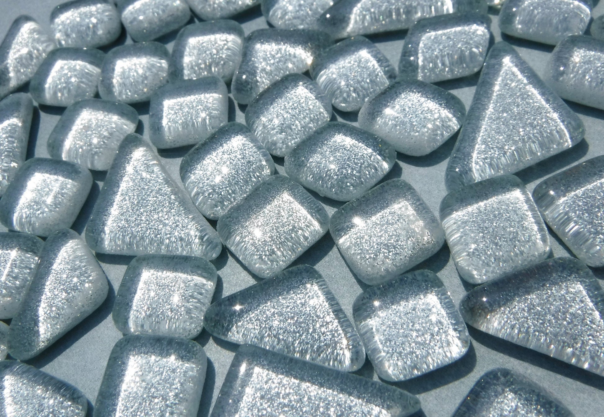 Silver Glitter Puzzle Tiles - 100 grams in Assorted Shapes Glass Mosaic Tiles