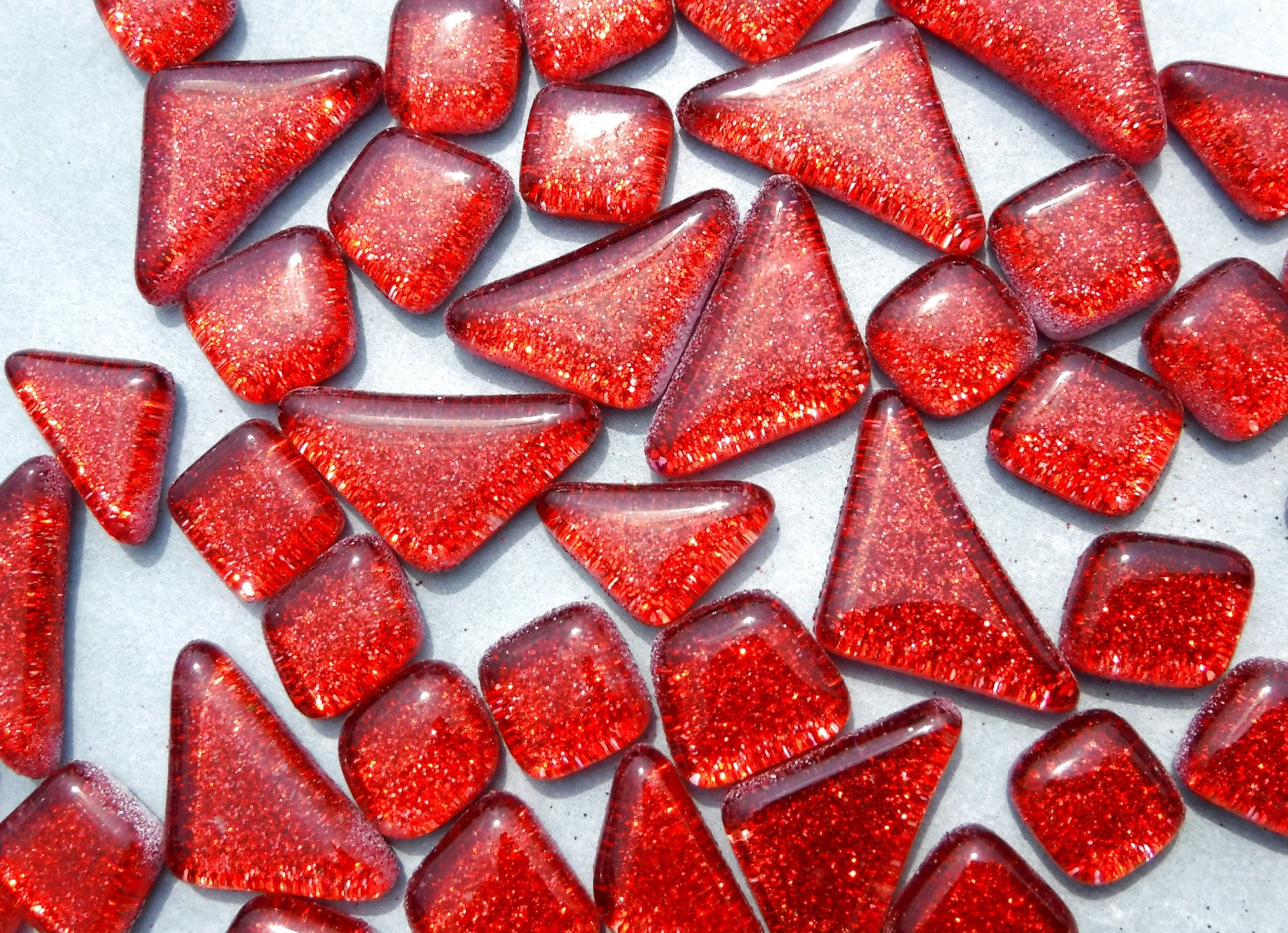 Red Glitter Puzzle Tiles - 100 grams in Assorted Shapes Glass Mosaic Tiles