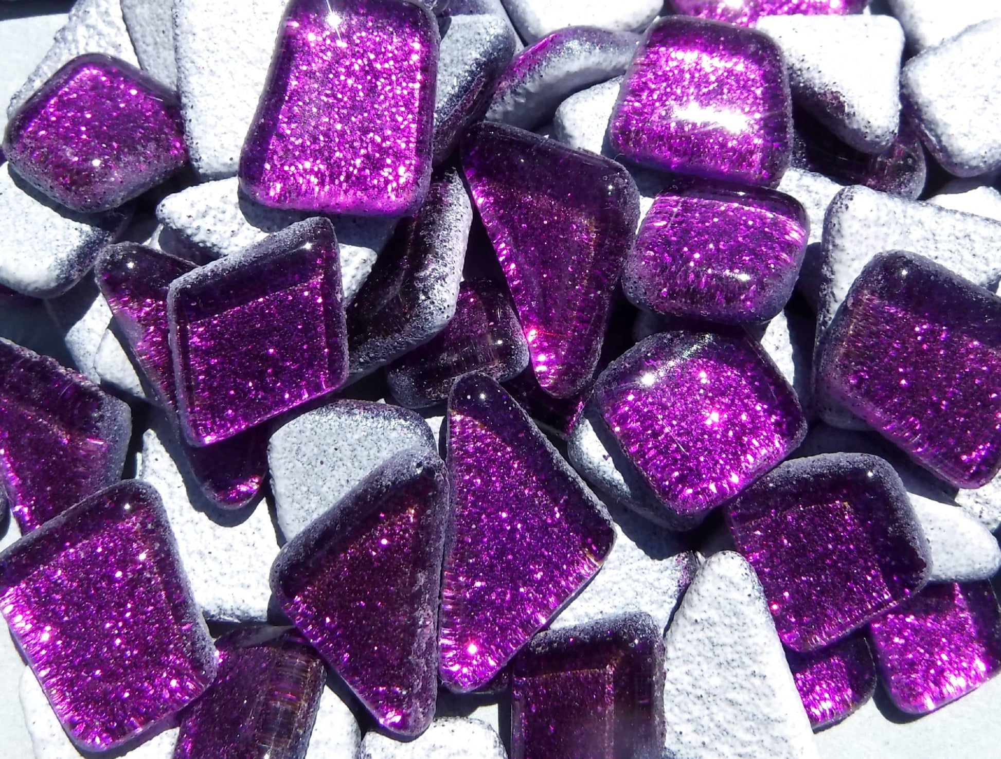 Dark Purple Glitter Puzzle Tiles - 100 grams in Assorted Shapes - Glass Mosaic Tiles