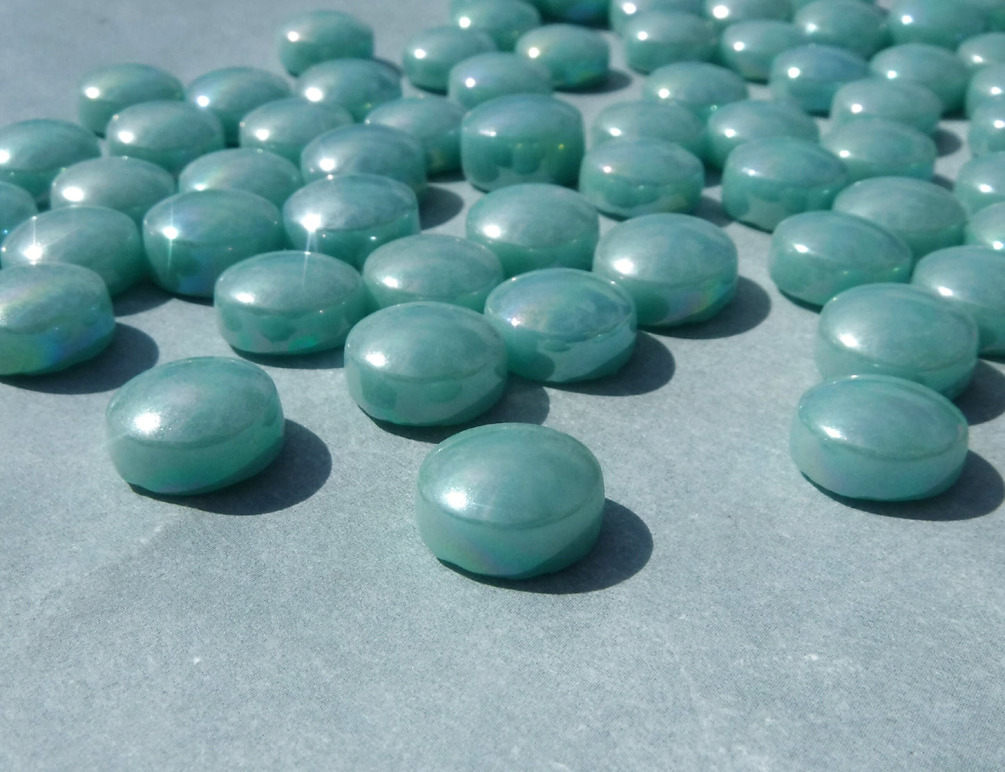 Light Teal Iridescent 12mm Glass Drops Mosaic Tiles - 100 grams