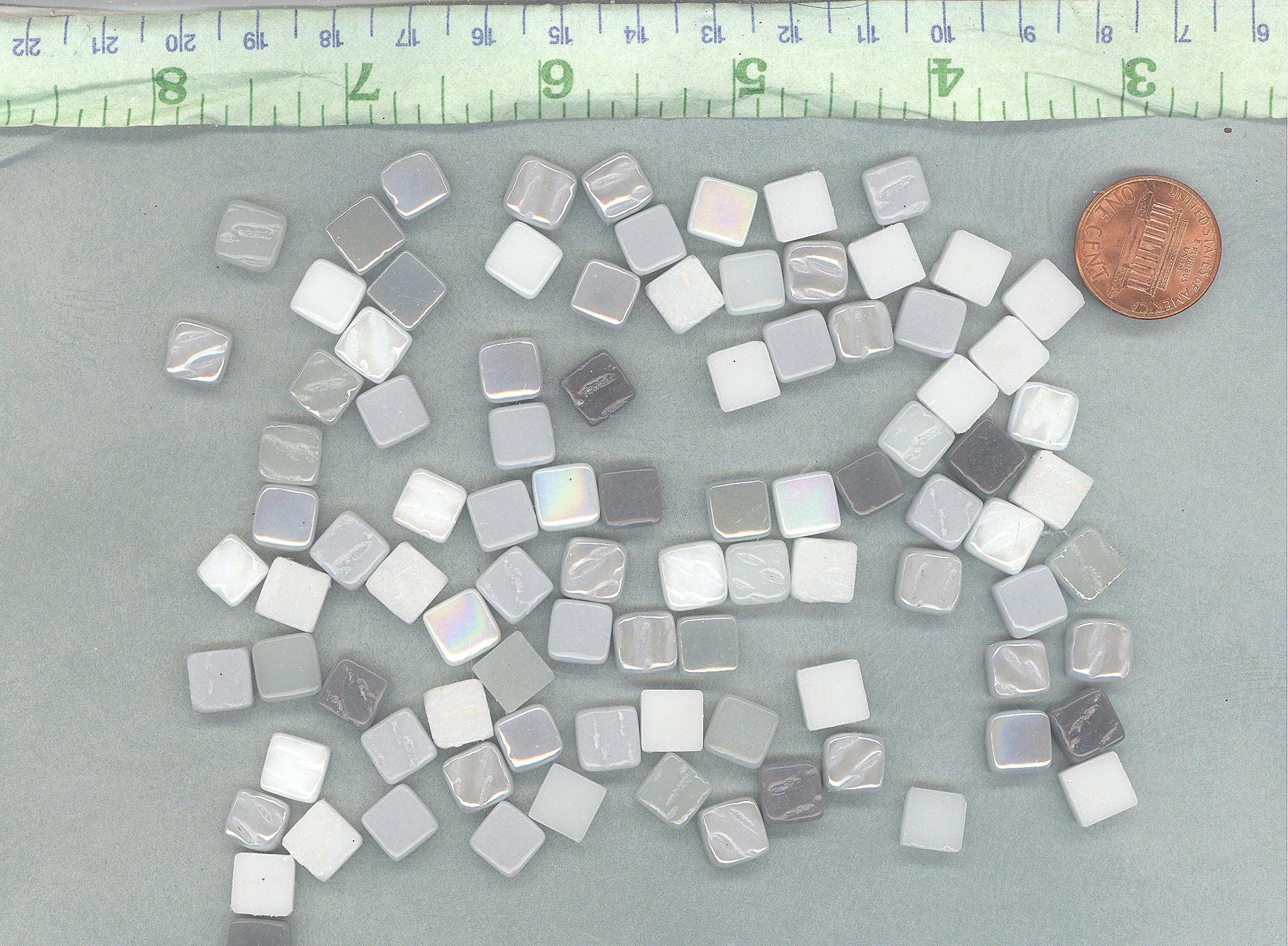 Gray Skies Mix Mini Glass Tiles - 8mm Square - 50 grams Opaque Glass Solid Color Mix of Iridescent and Matte Tiles