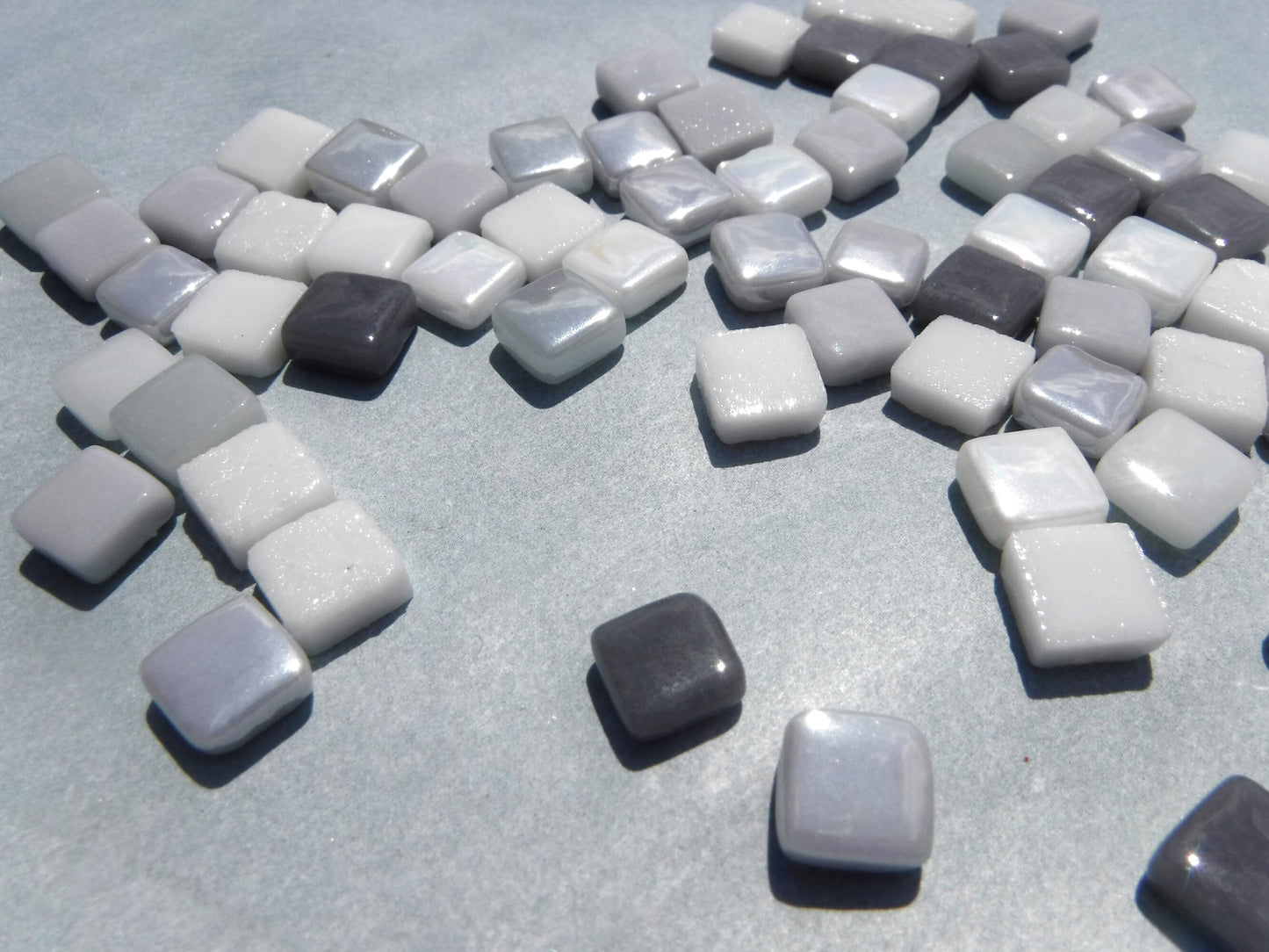 Gray Skies Mix Mini Glass Tiles - 8mm Square - 50 grams Opaque Glass Solid Color Mix of Iridescent and Matte Tiles