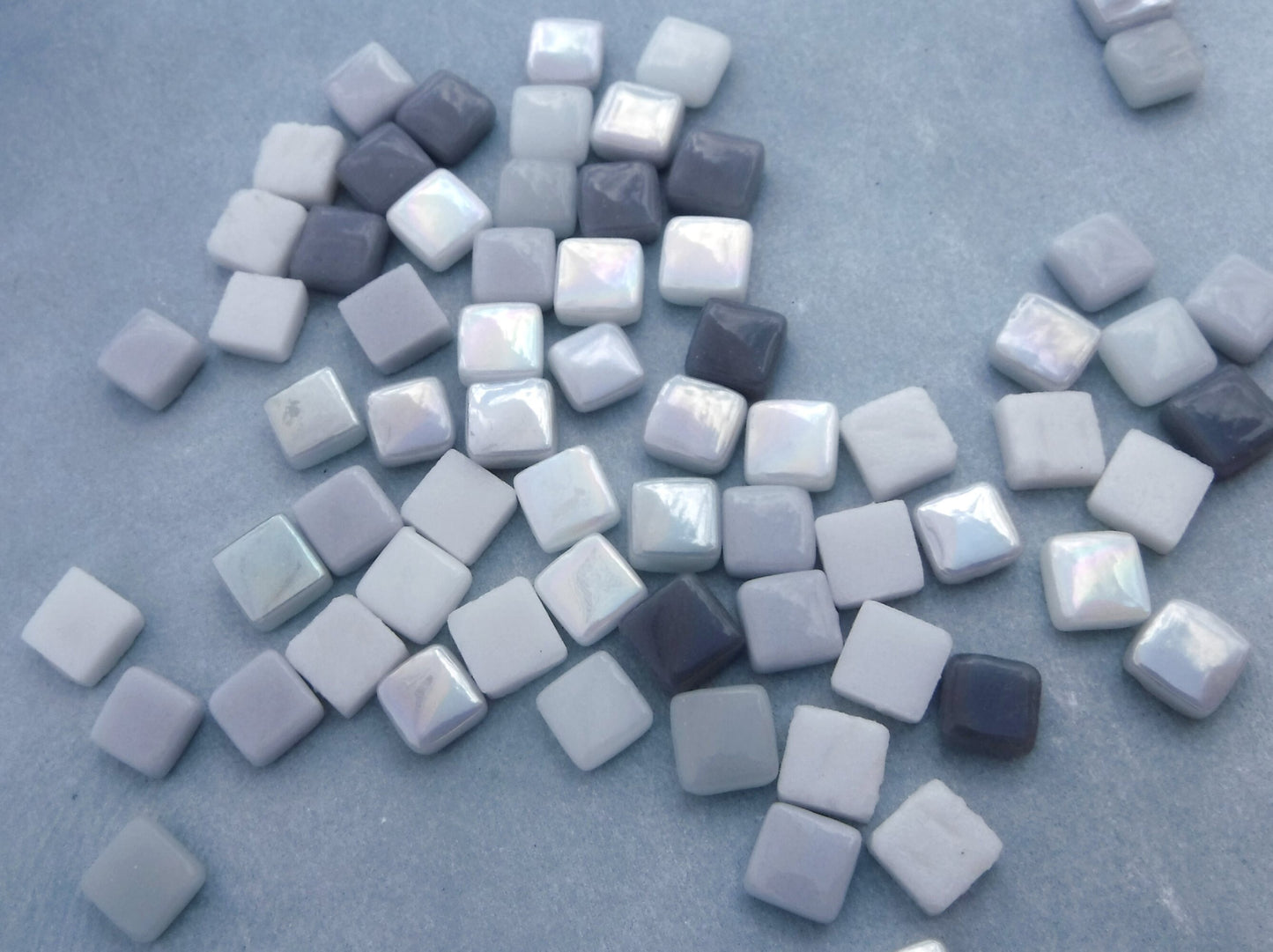 Gray Skies Mix Mini Glass Tiles - 8mm Square - 50 grams Opaque Glass Solid Color Mix of Iridescent and Matte Tiles