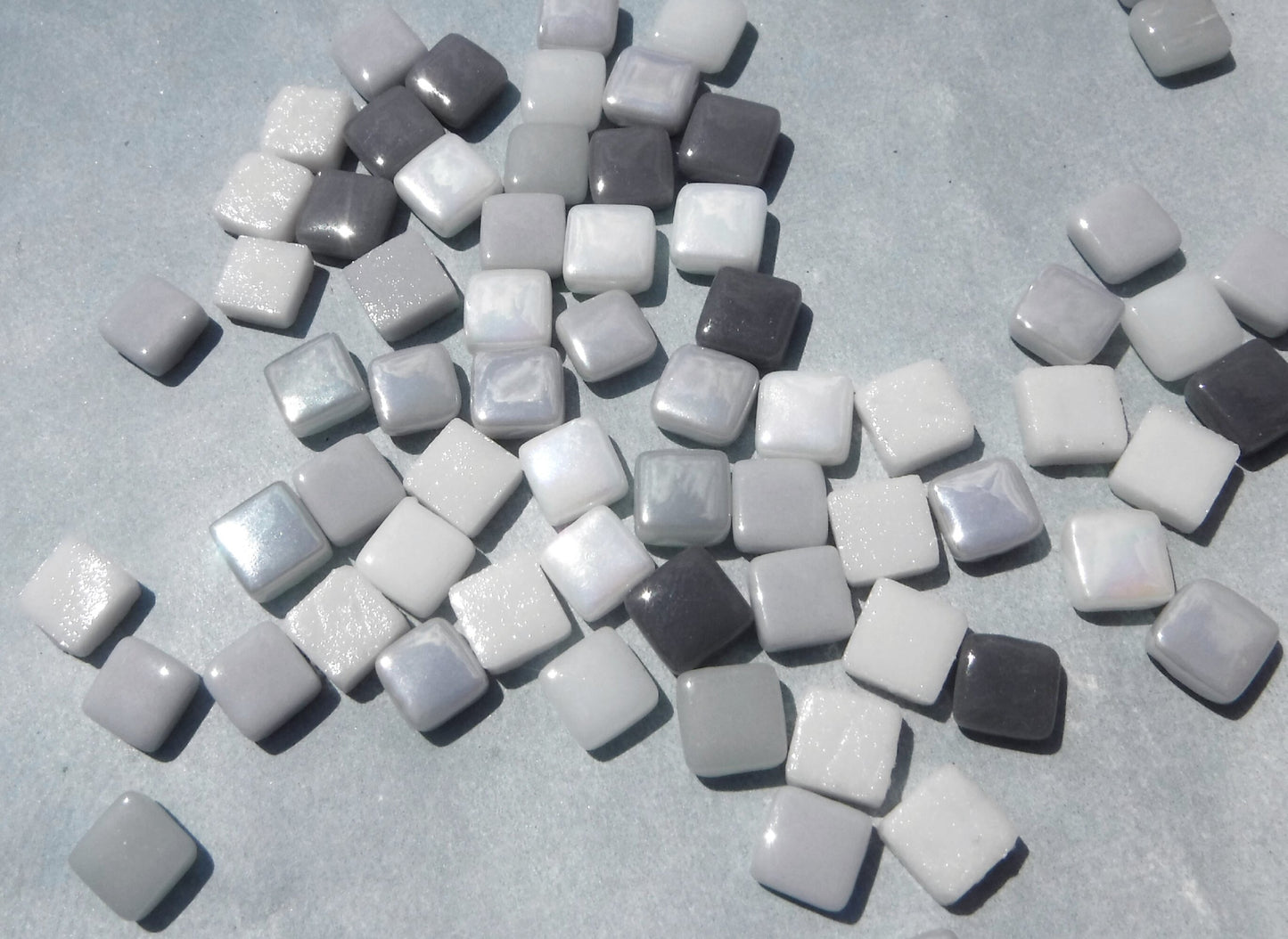 Gray Skies Mix Mini Glass Tiles - 8mm Square - 50 grams Opaque Glass Solid Color Mix of Iridescent and Matte Tiles