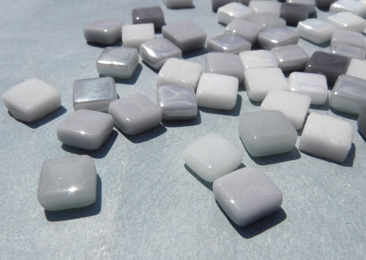 Gray Skies Mix Mini Glass Tiles - 8mm Square - 50 grams Opaque Glass Solid Color Mix of Iridescent and Matte Tiles