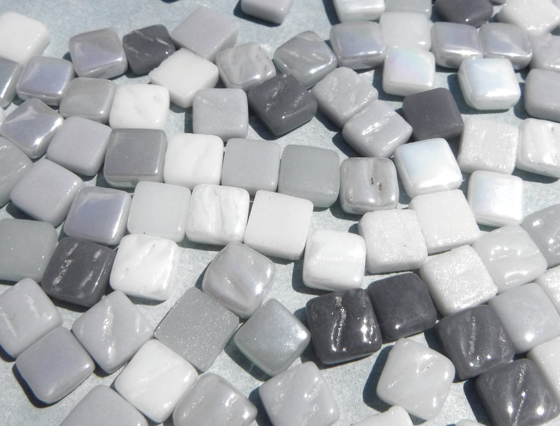 Gray Skies Mix Mini Glass Tiles - 8mm Square - 50 grams Opaque Glass Solid Color Mix of Iridescent and Matte Tiles