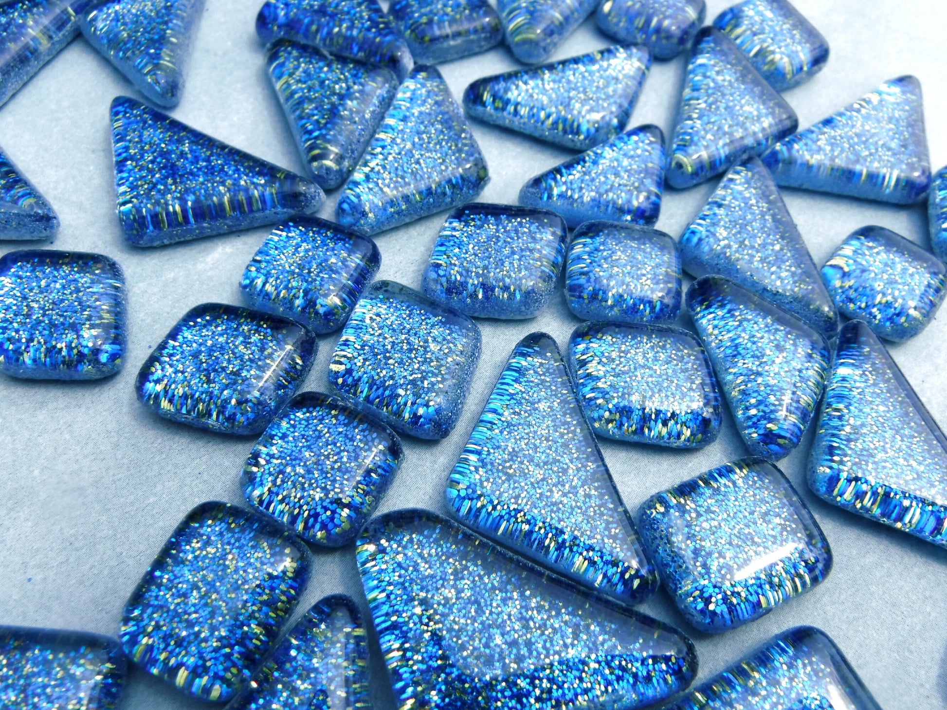 Blue and Gold Glitter Puzzle Tiles - 100 grams in Assorted Shapes Glass Mosaic Tiles