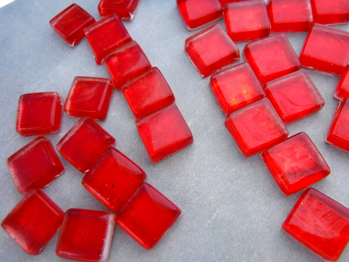 Shimmering Red Foil Square Crystal Tiles - 12mm - 50g Metallic Glass Tiles in Fire Engine Red