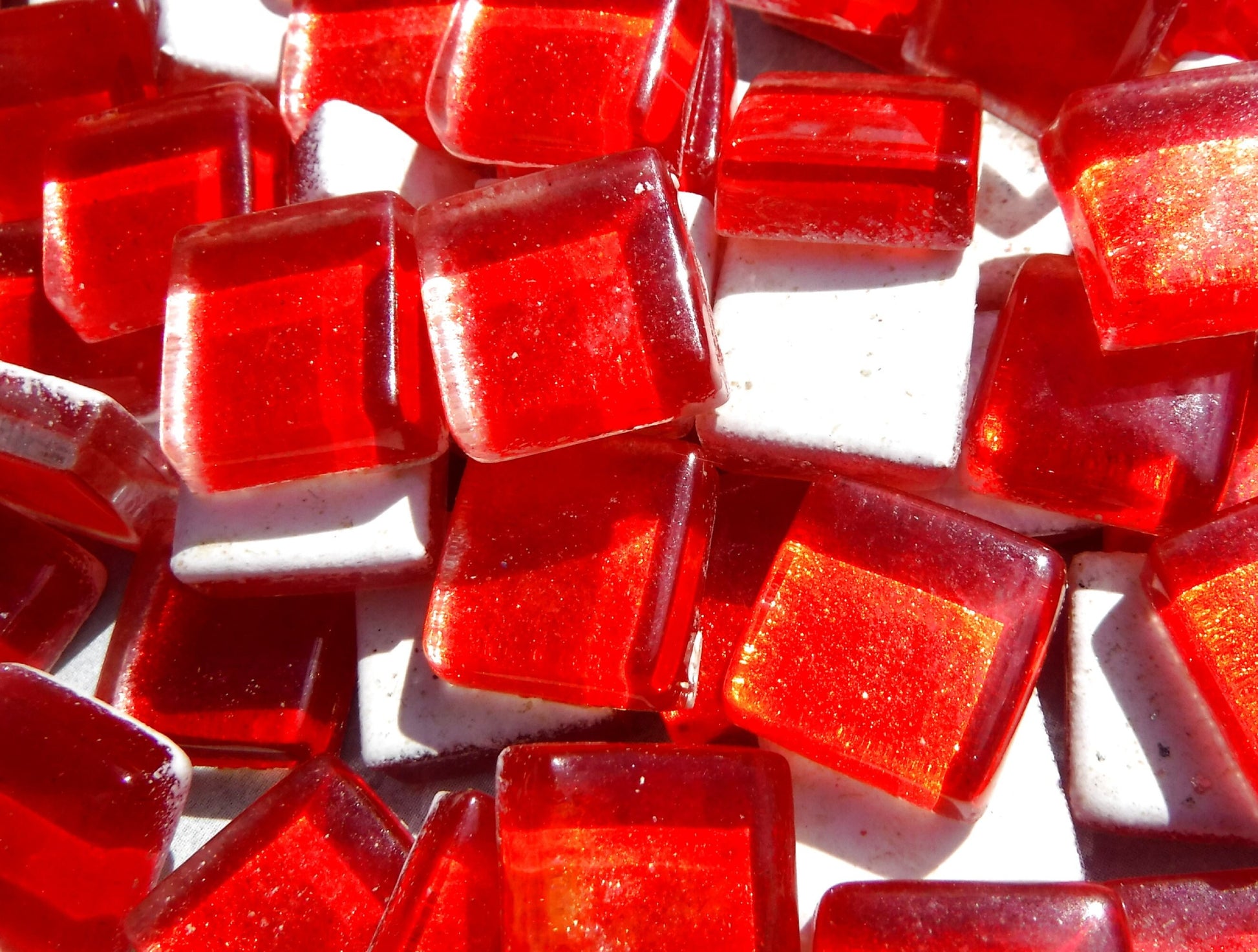 Shimmering Red Foil Square Crystal Tiles - 12mm - 50g Metallic Glass Tiles in Fire Engine Red