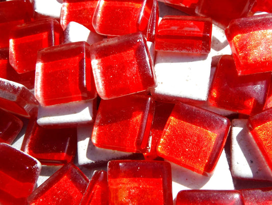 Shimmering Red Foil Square Crystal Tiles - 12mm - 50g Metallic Glass Tiles in Fire Engine Red