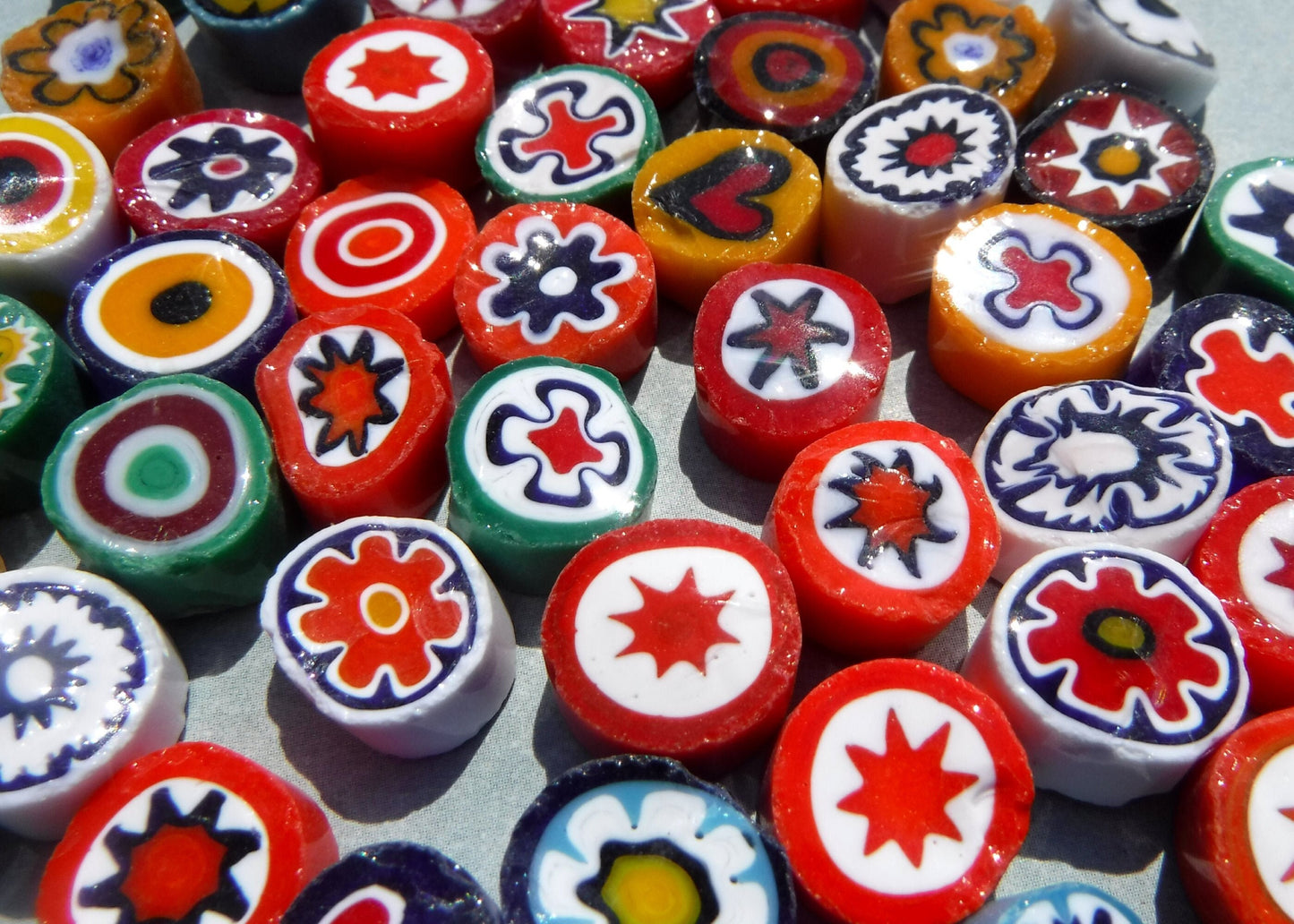 Bold Colorful Millefiori - 25 grams - Unique Mosaic Glass Tiles - Mix of Opaque Patterns