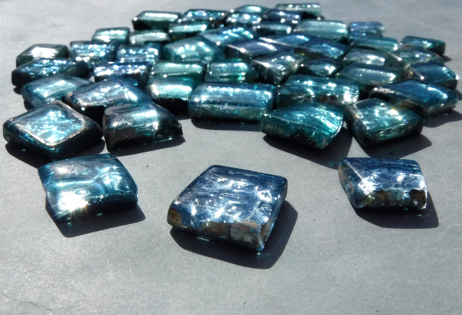 Waterfall Blues Glass Tiles - Metallic Foil - Assorted Shapes - 50 grams Mosaic Tiles - Naiad Aqua