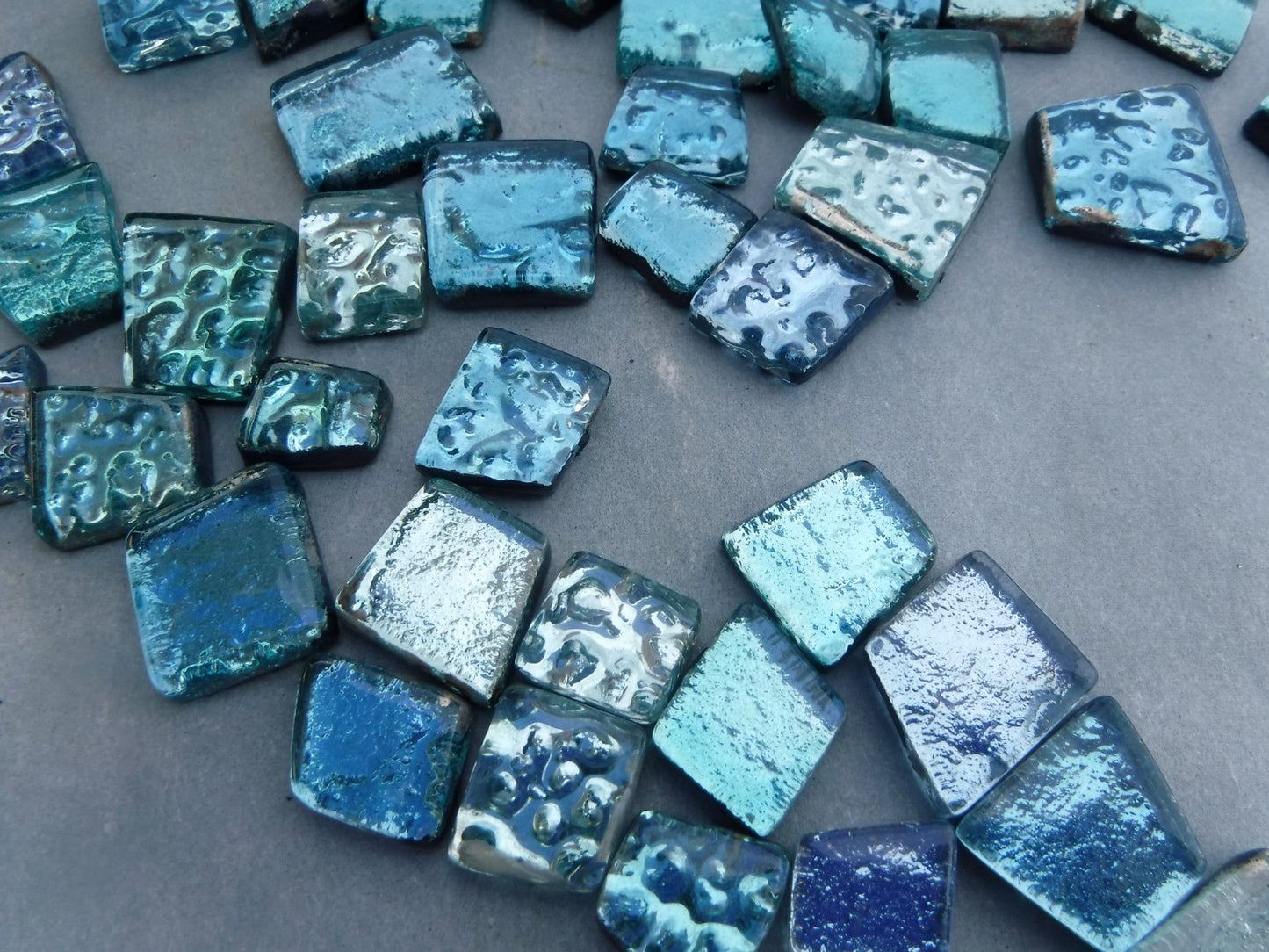 Waterfall Blues Glass Tiles - Metallic Foil - Assorted Shapes - 50 grams Mosaic Tiles - Naiad Aqua