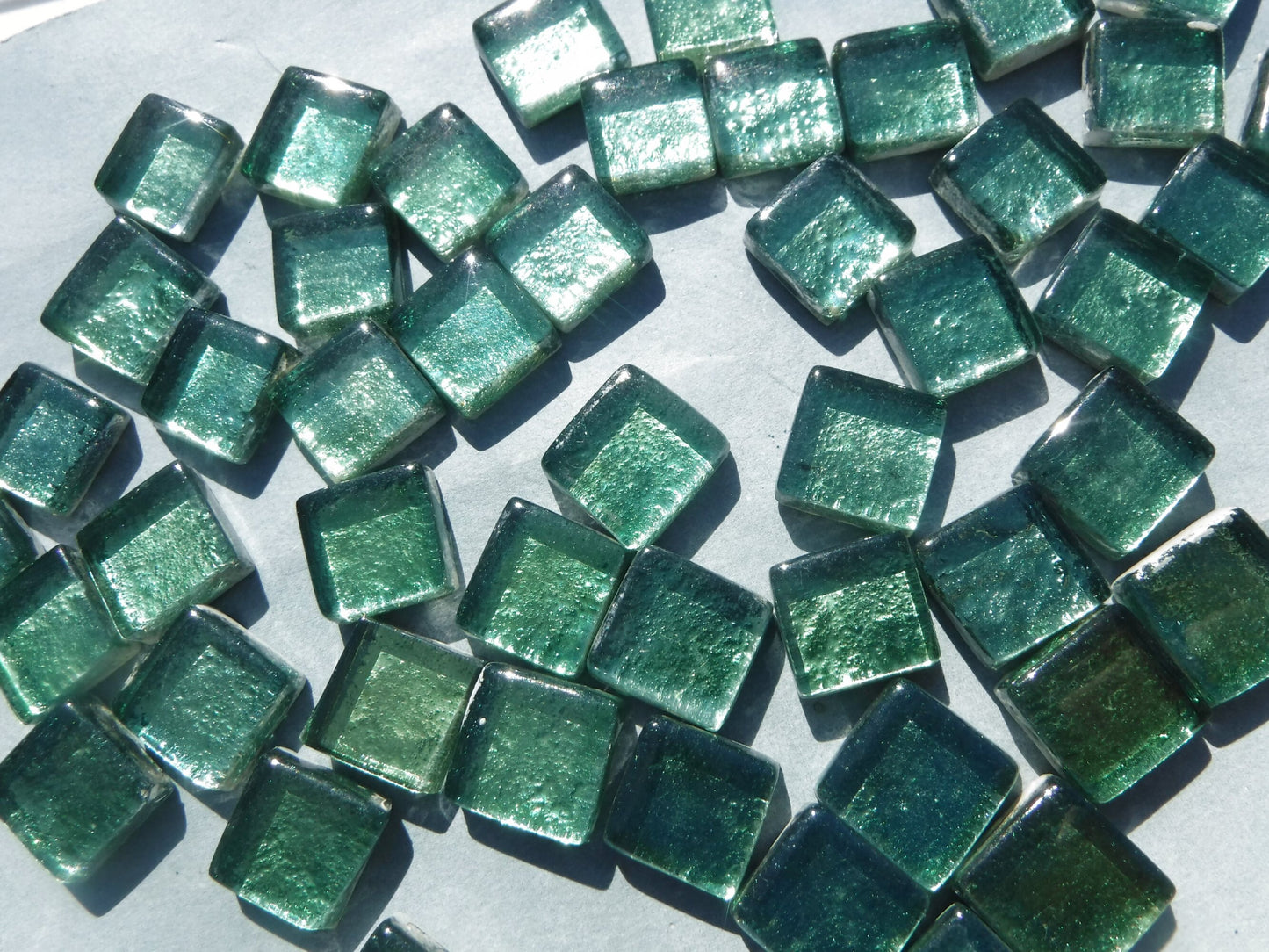 Deep Green Foil Square Crystal Tiles - 12mm - 50g Metallic Glass Tiles in Budding Green